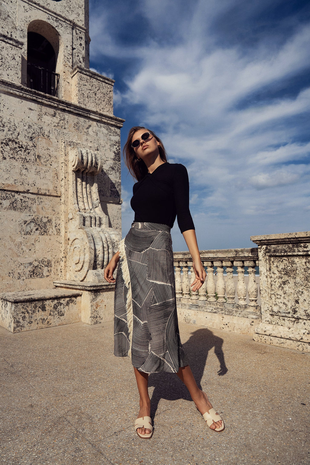 profile-nyc FAUX WRAP FRINGE SKIRT — detail close-up