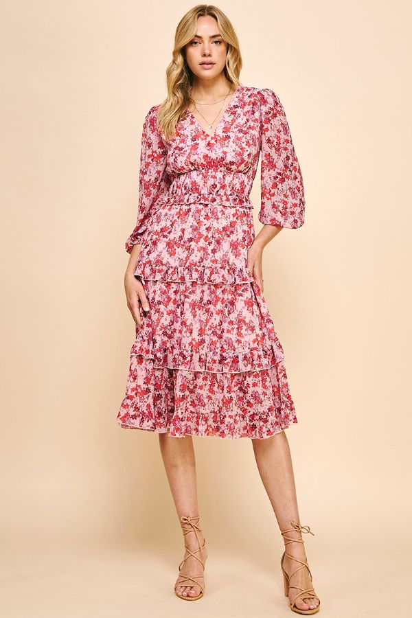 KADOU BOUTIQUE Floral Print Tiered Midi Dress — detail close-up