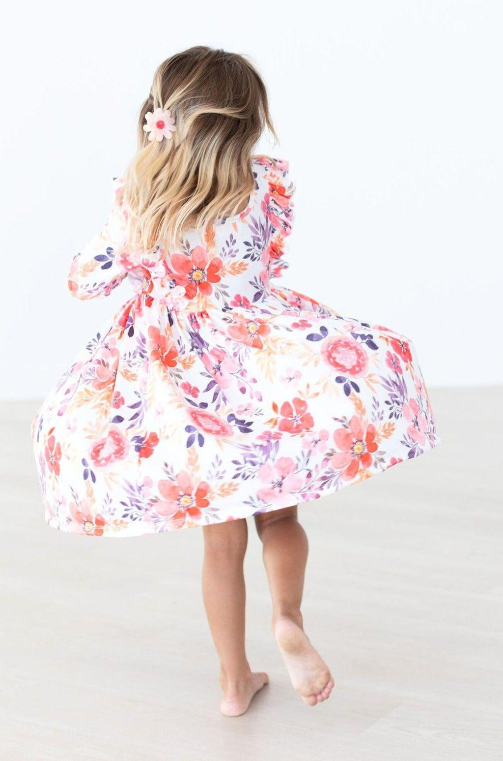 Mila & Rose ® Tangerine Leaves 3/4 Sleeve Ruffle Twirl Dress — side view