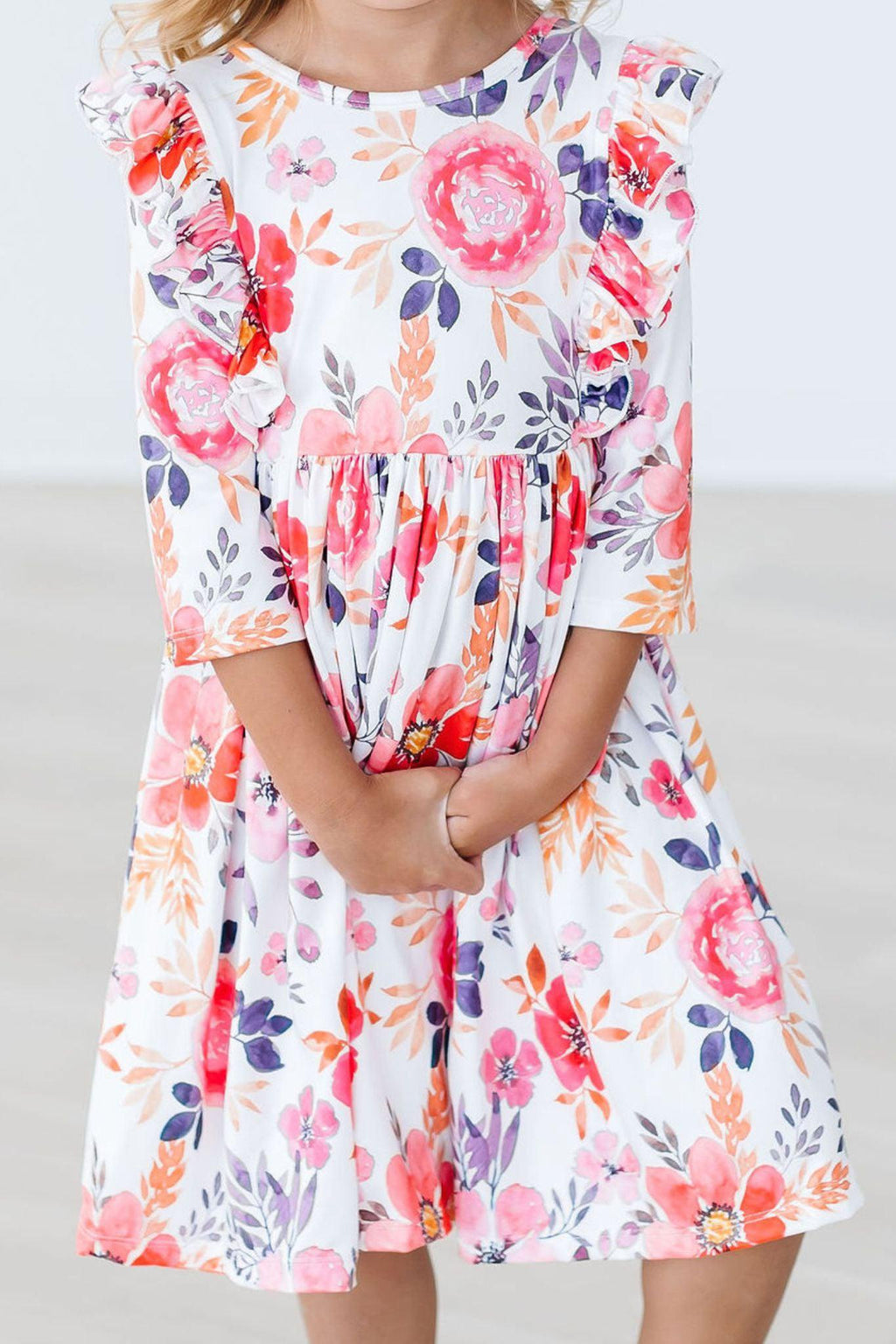 Mila & Rose ® Tangerine Leaves 3/4 Sleeve Ruffle Twirl Dress — back view
