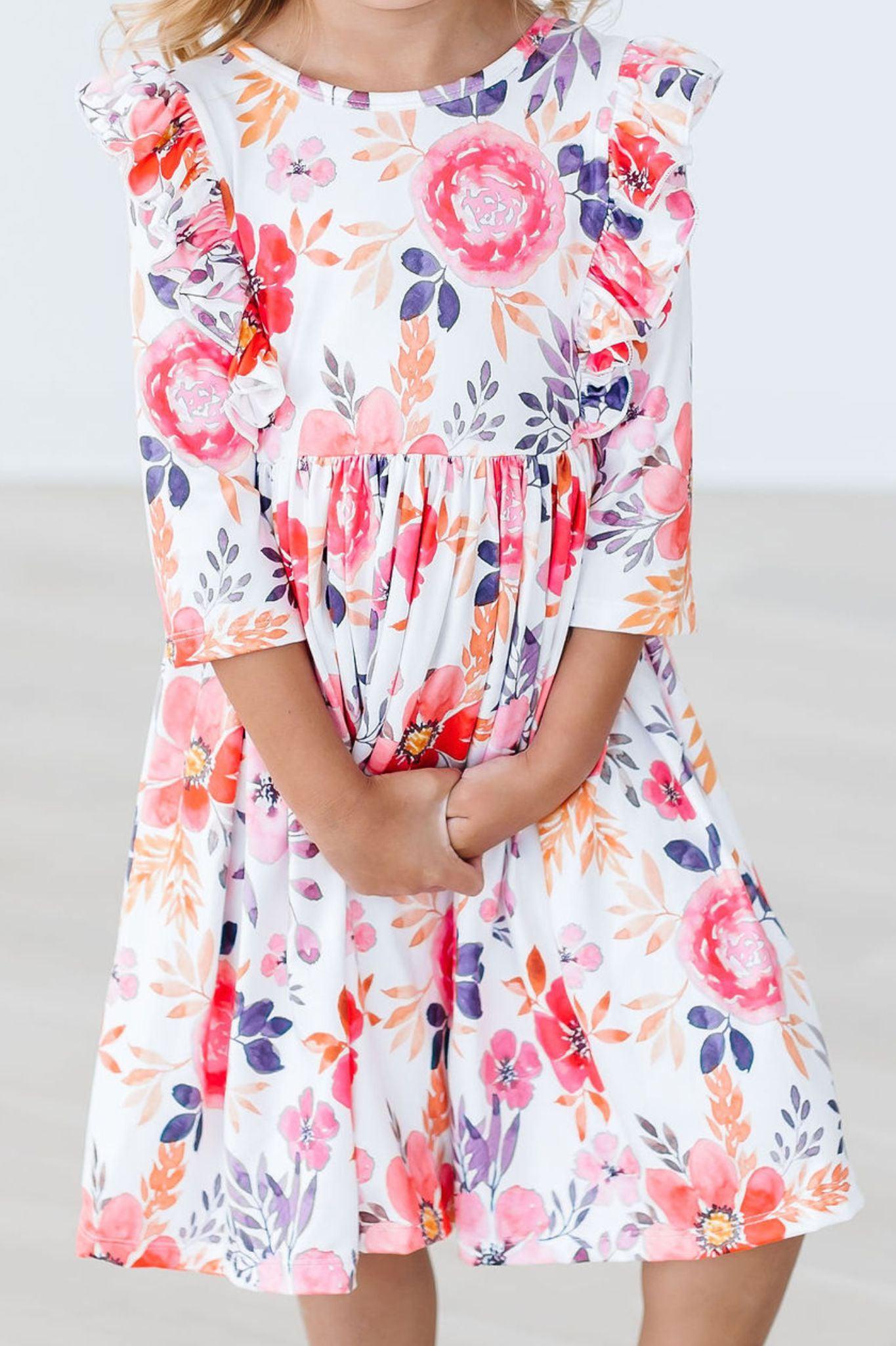 Mila & Rose ® Tangerine Leaves 3/4 Sleeve Ruffle Twirl Dress — back view