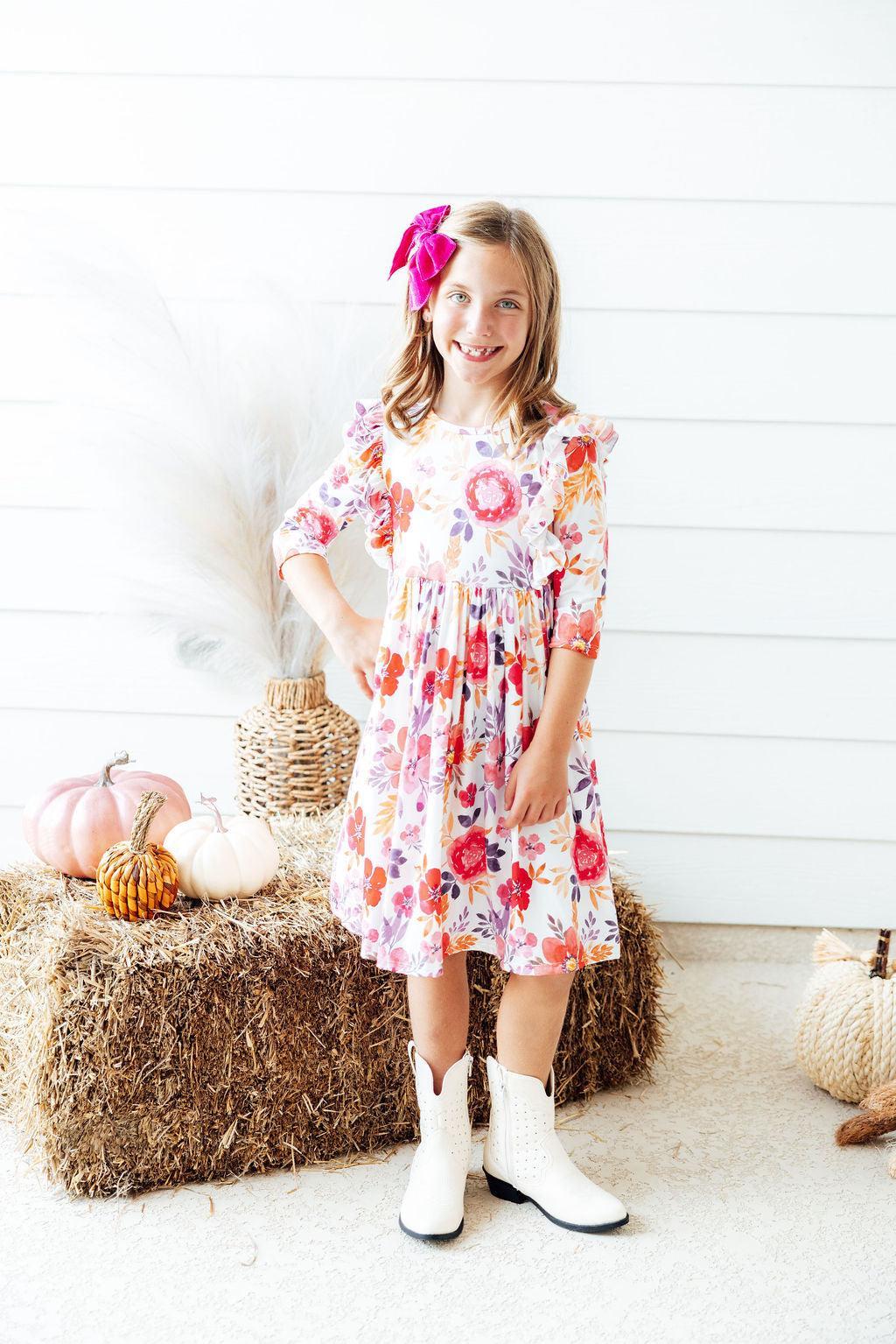 Mila & Rose ® Tangerine Leaves 3/4 Sleeve Ruffle Twirl Dress — main product shot