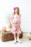 Mila & Rose ® Tangerine Leaves 3/4 Sleeve Ruffle Twirl Dress — main product shot