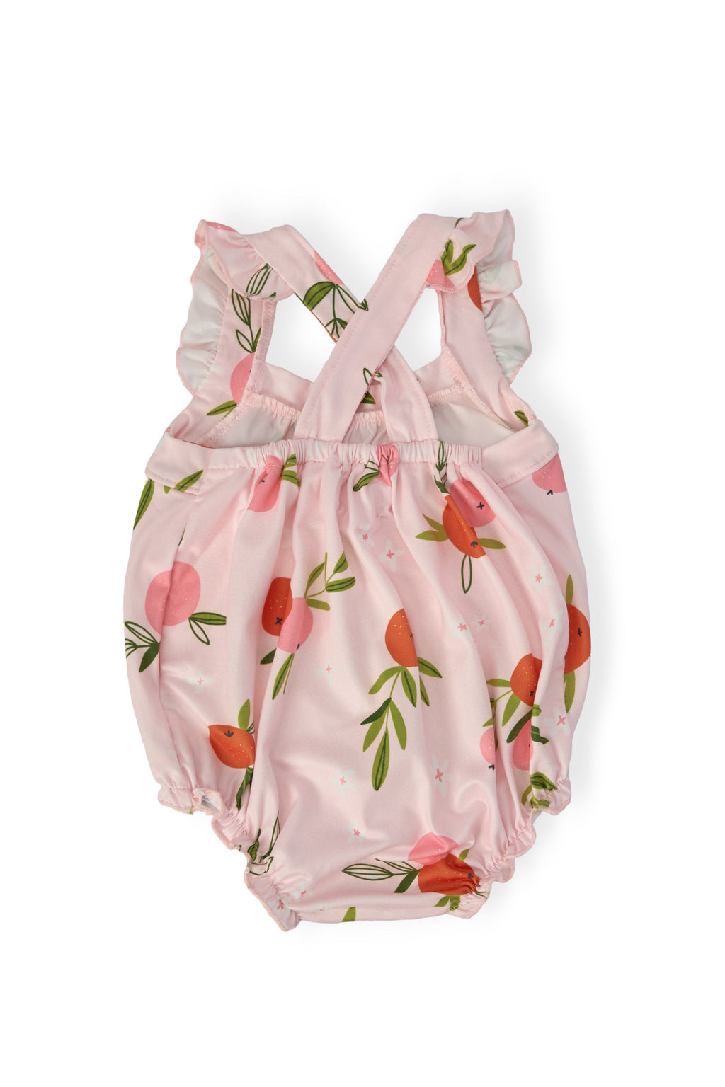 Mila & Rose ® Tangerine Ruffle Cross Back Romper — lifestyle context