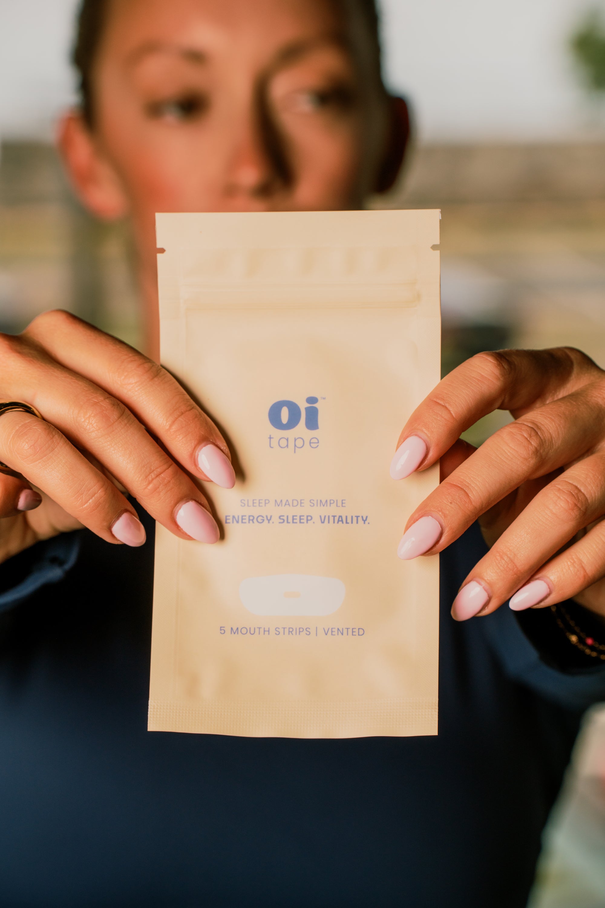 oi tape Vented Mouth Tape Sample 5-Pack — applied to lips with vent visible