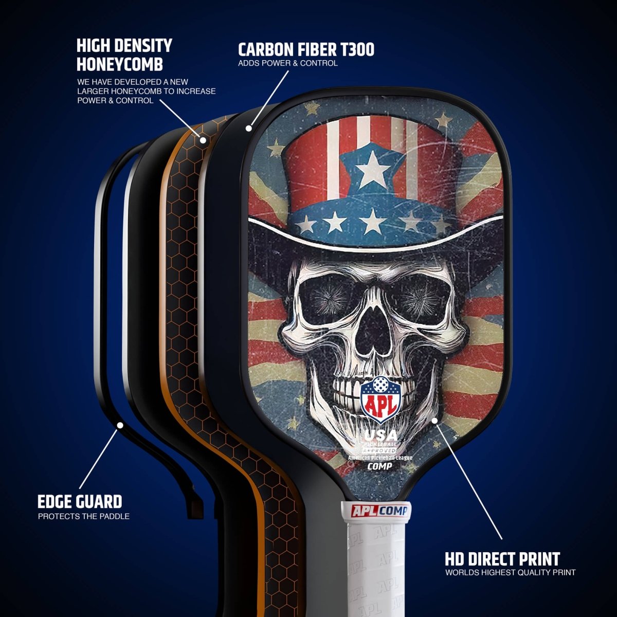 APL - Skulls Hat Pickleball Paddle | 16mm Carbon Fiber | Best Pickleball Paddles | American Pickleball League