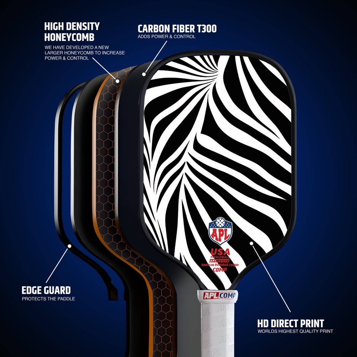 APL - White Black Patterns Pickleball Paddle | 16mm Carbon Fiber | Best Pickleball Paddles | American Pickleball League