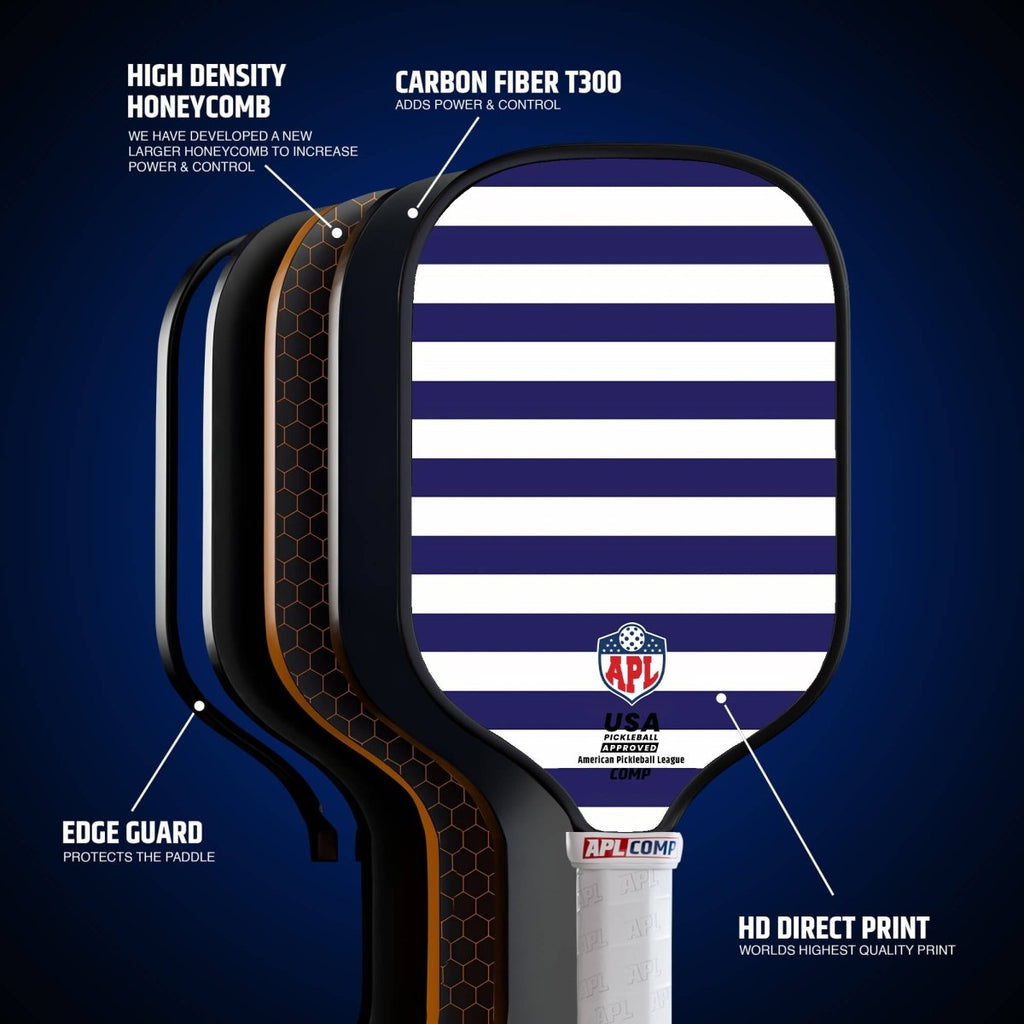 APL - White Blue Lines Pickleball Paddle | 16mm Carbon Fiber | Best Pickleball Paddles | American Pickleball League