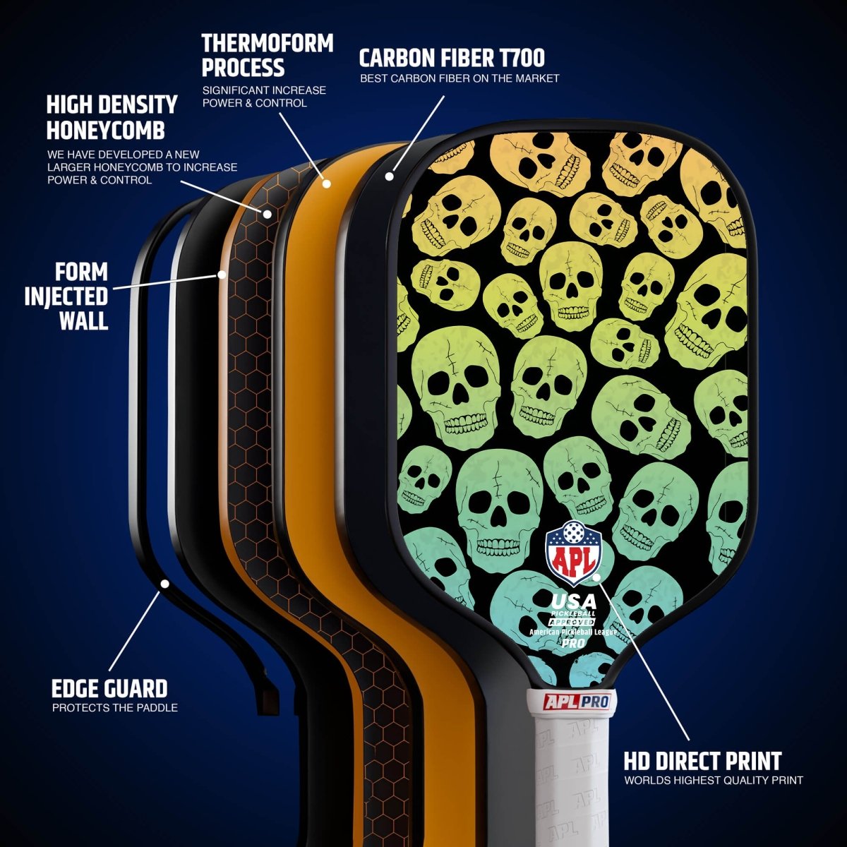 APL - Skulls Pickleball Paddle | 16mm Carbon Fiber | Best Pickleball Paddles | American Pickleball League