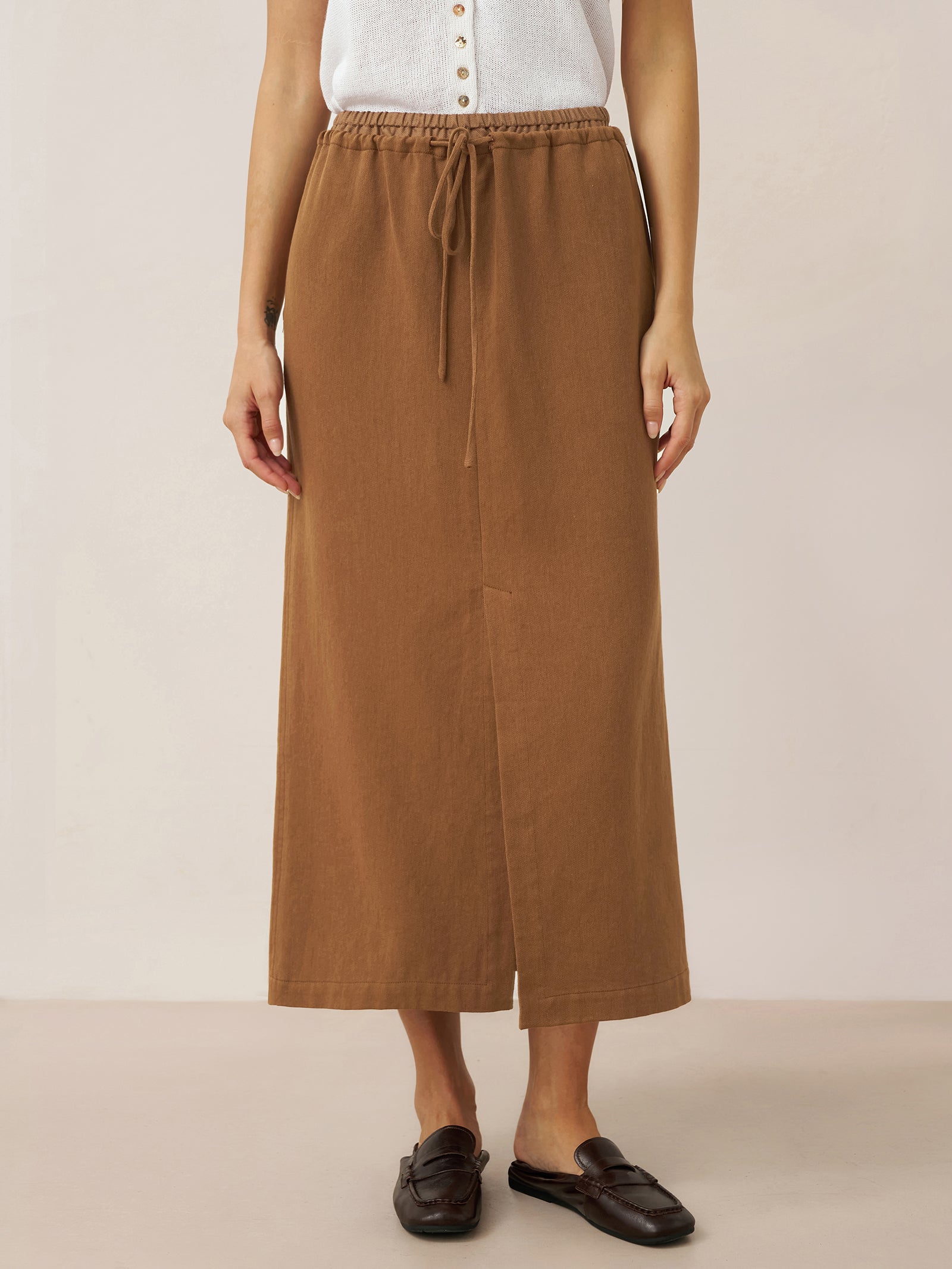 LINTICO LINTICO Lyocell Linen Drawstring Split Maxi Skirt SAMANTHA — main product shot