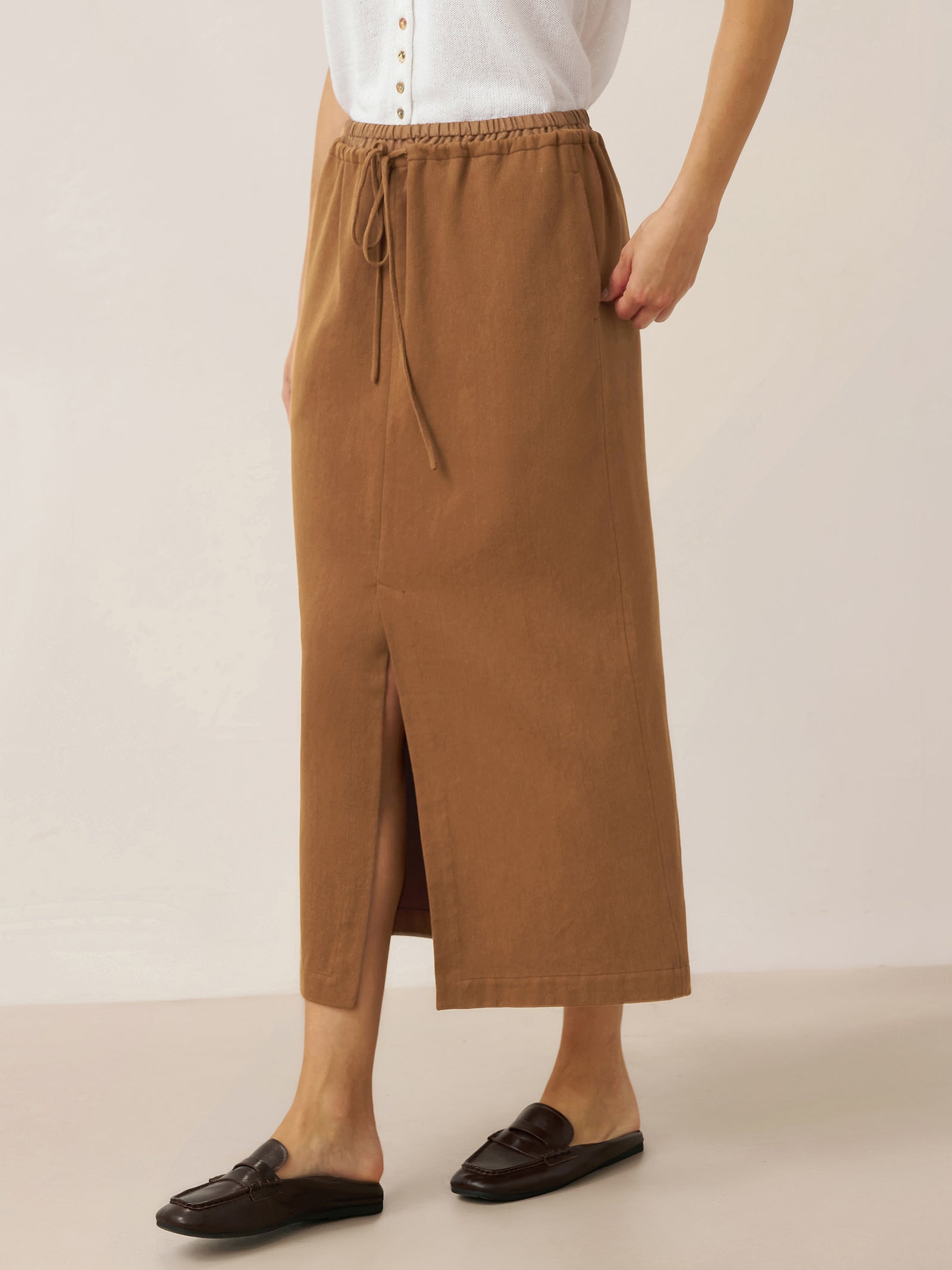 LINTICO LINTICO Lyocell Linen Drawstring Split Maxi Skirt SAMANTHA — bottoms-skirts-linen blend category context