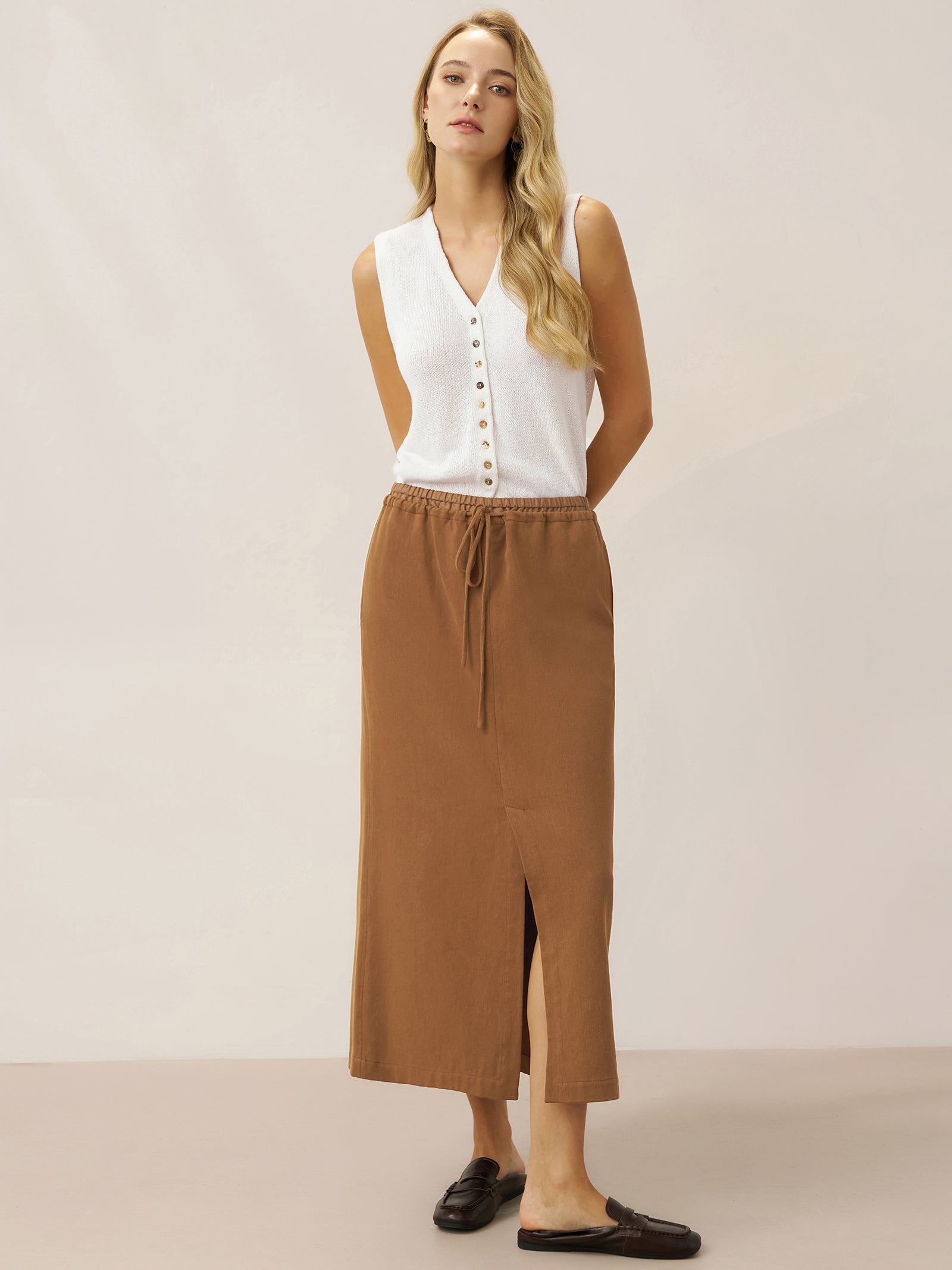 LINTICO LINTICO Lyocell Linen Drawstring Split Maxi Skirt SAMANTHA — LINTICO branding close-up