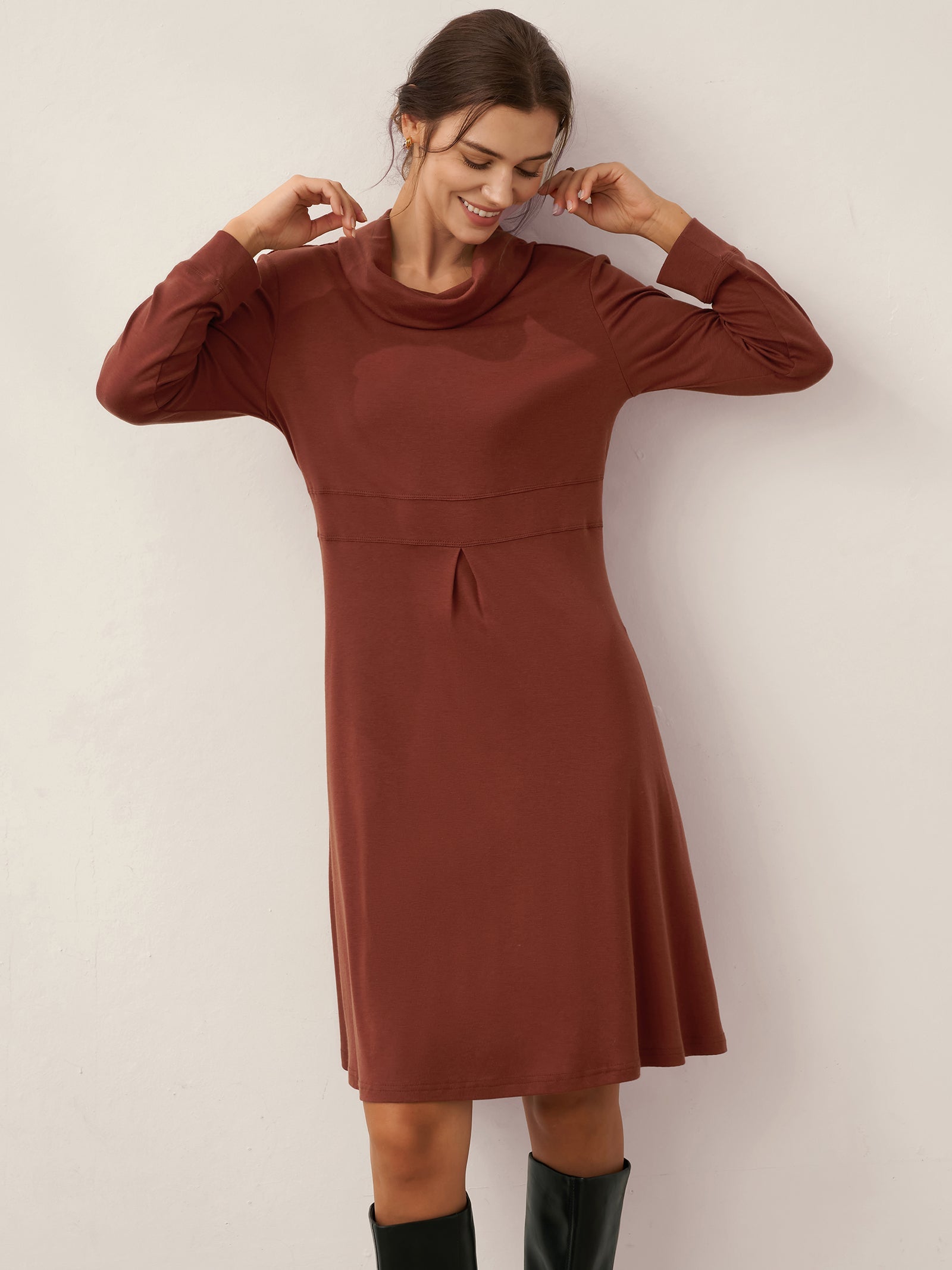 LINTICO LINTICO Lyocell Wool Draped Neck Stretch Midi Dress KIRA — LINTICO branding close-up