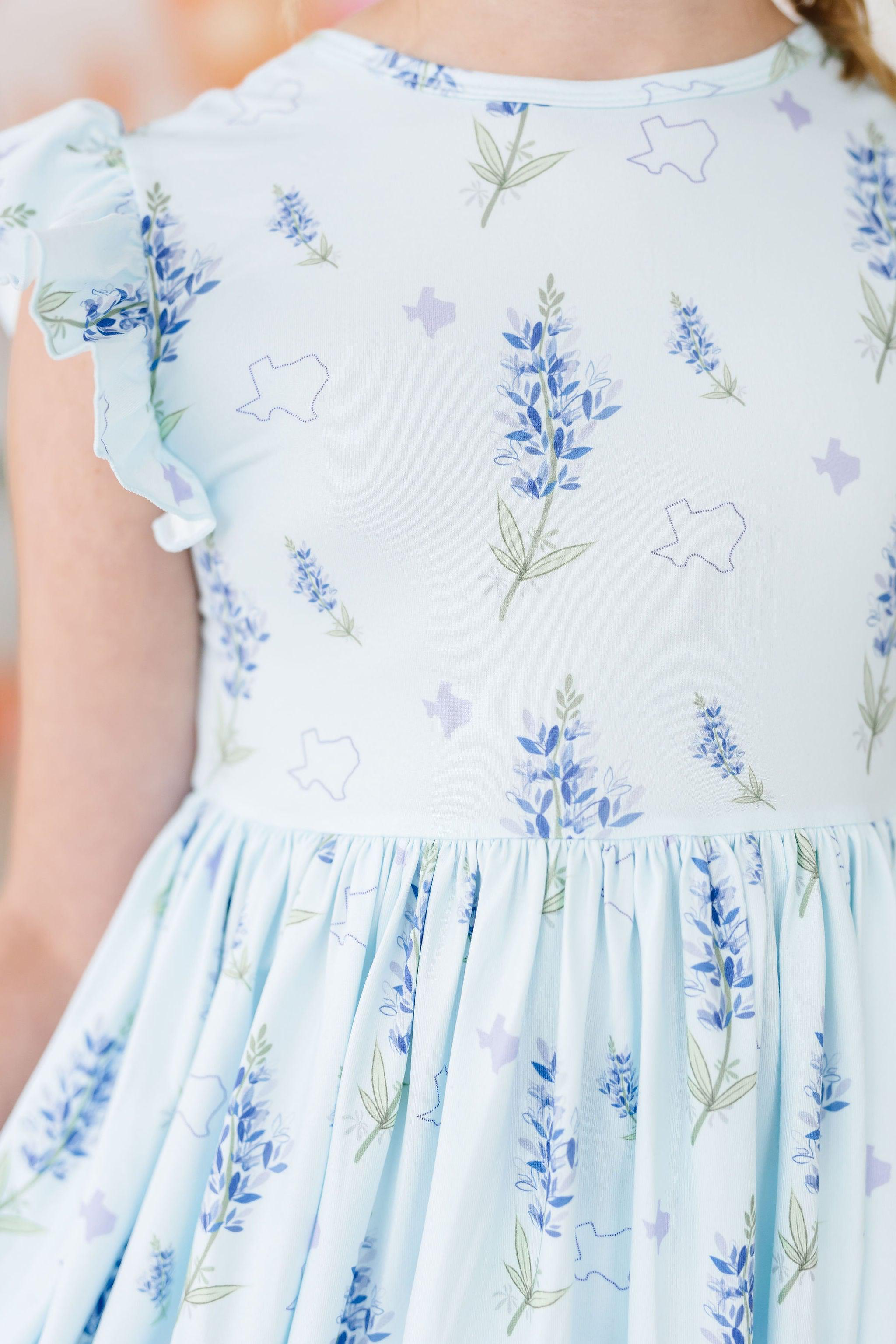 Mila & Rose ® Texas Bluebonnets Flutter Sleeve Twirl Dress — detail close-up