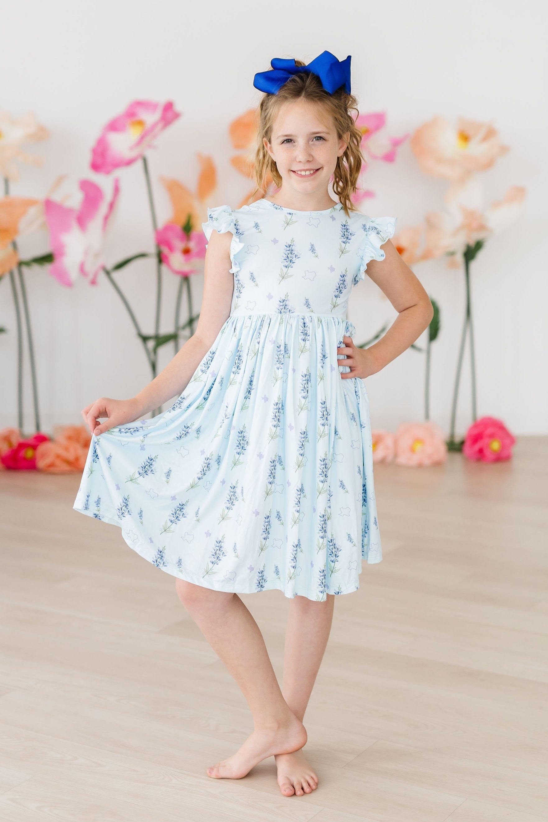 Mila & Rose ® Texas Bluebonnets Flutter Sleeve Twirl Dress — lifestyle context