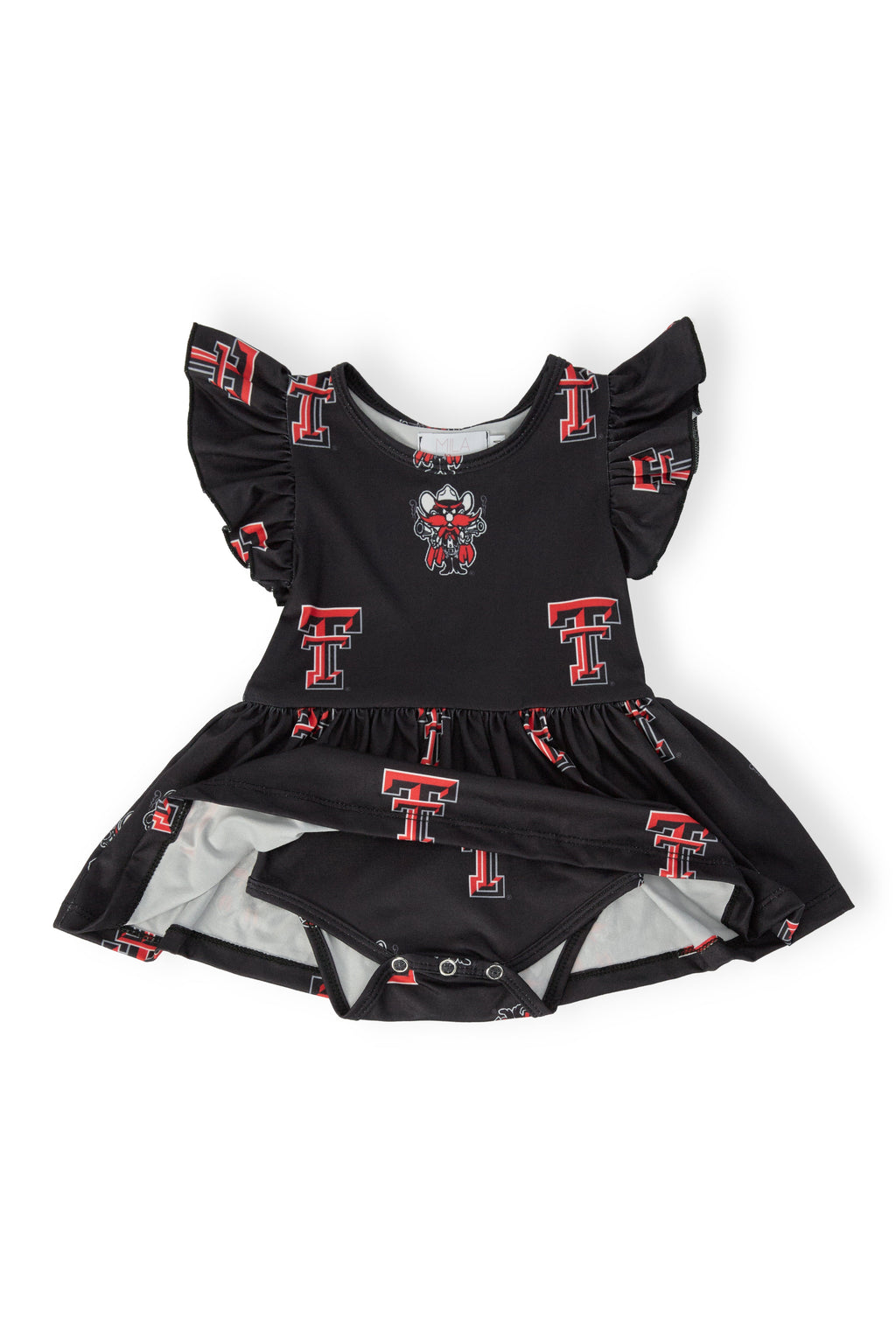 Mila & Rose ® Texas Tech Black Raider Red Flutter Twirl Bodysuit — detail close-up