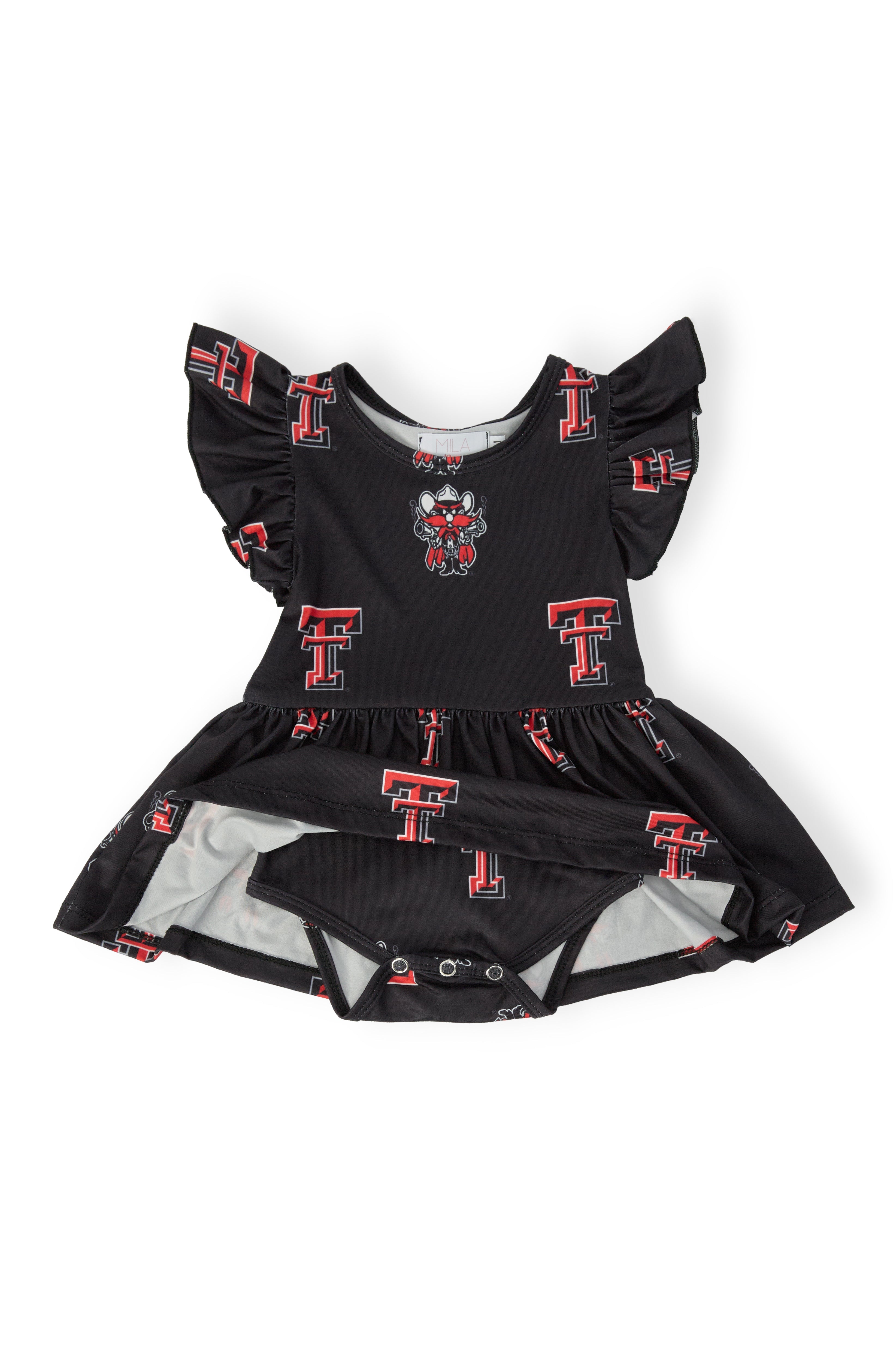 Mila & Rose ® Texas Tech Black Raider Red Flutter Twirl Bodysuit — detail close-up