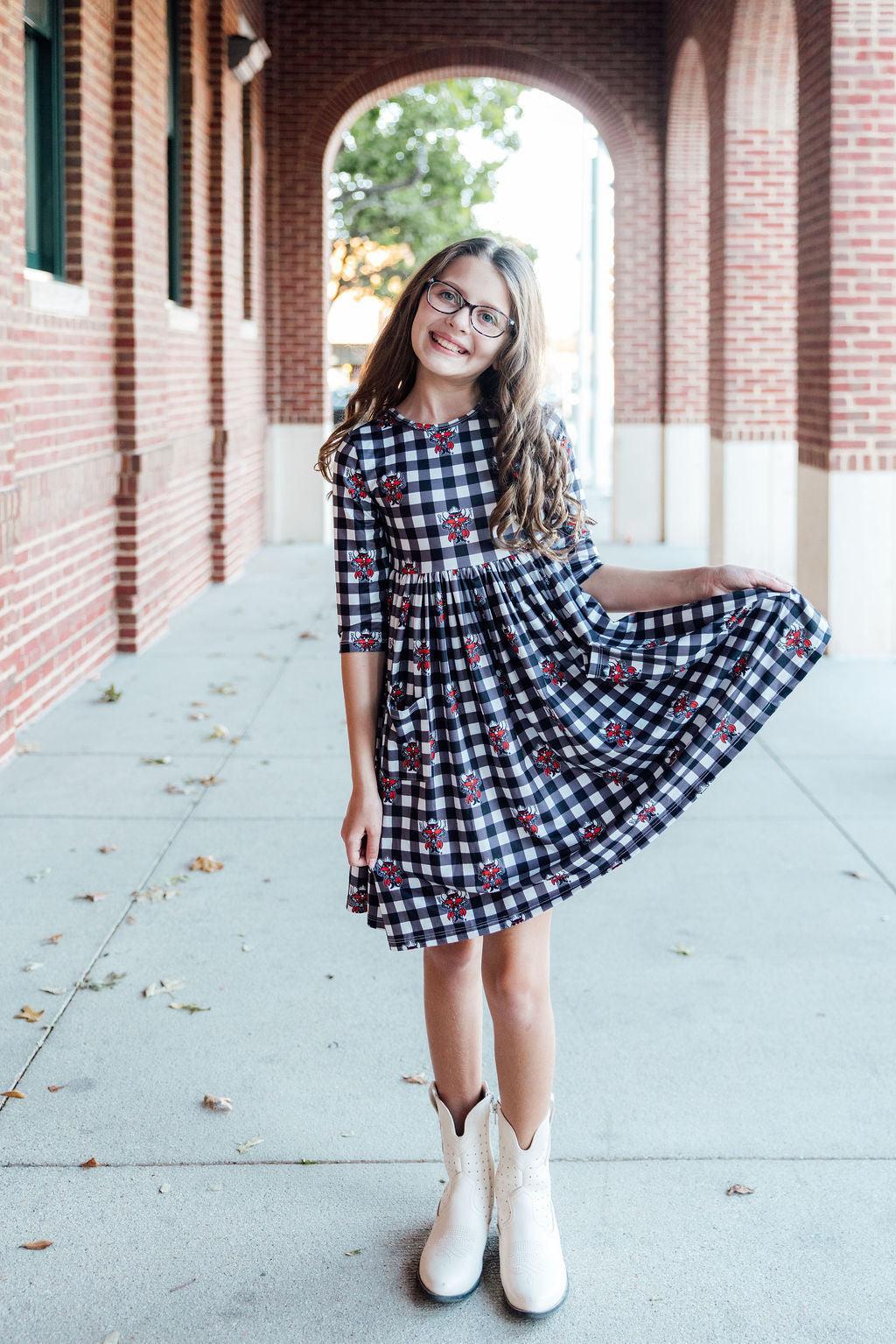 Mila & Rose ® Texas Tech Plaid Raider Red 3/4 Sleeve Pocket Twirl Dress — detail close-up