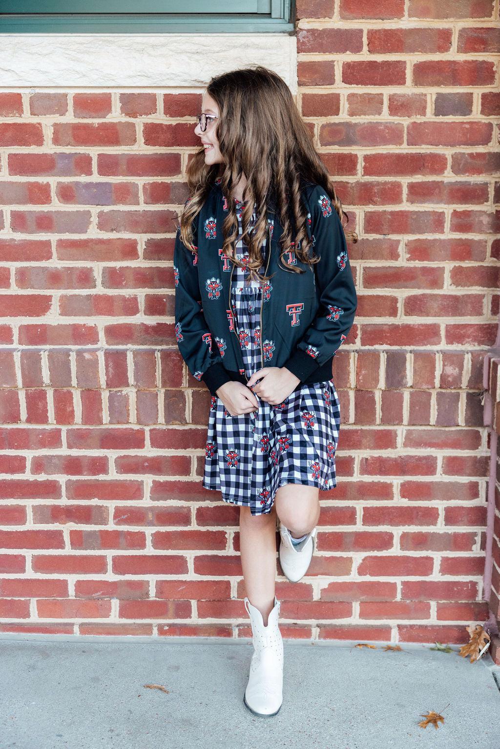 Mila & Rose ® Texas Tech Plaid Raider Red 3/4 Sleeve Pocket Twirl Dress — lifestyle context