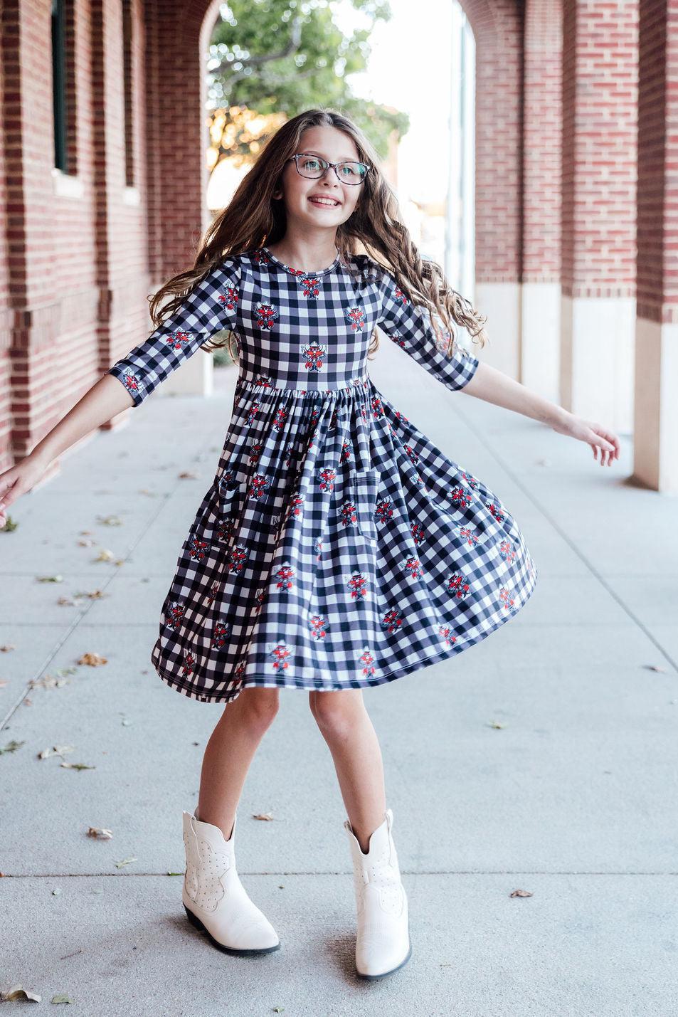 Mila & Rose ® Texas Tech Plaid Raider Red 3/4 Sleeve Pocket Twirl Dress — side view