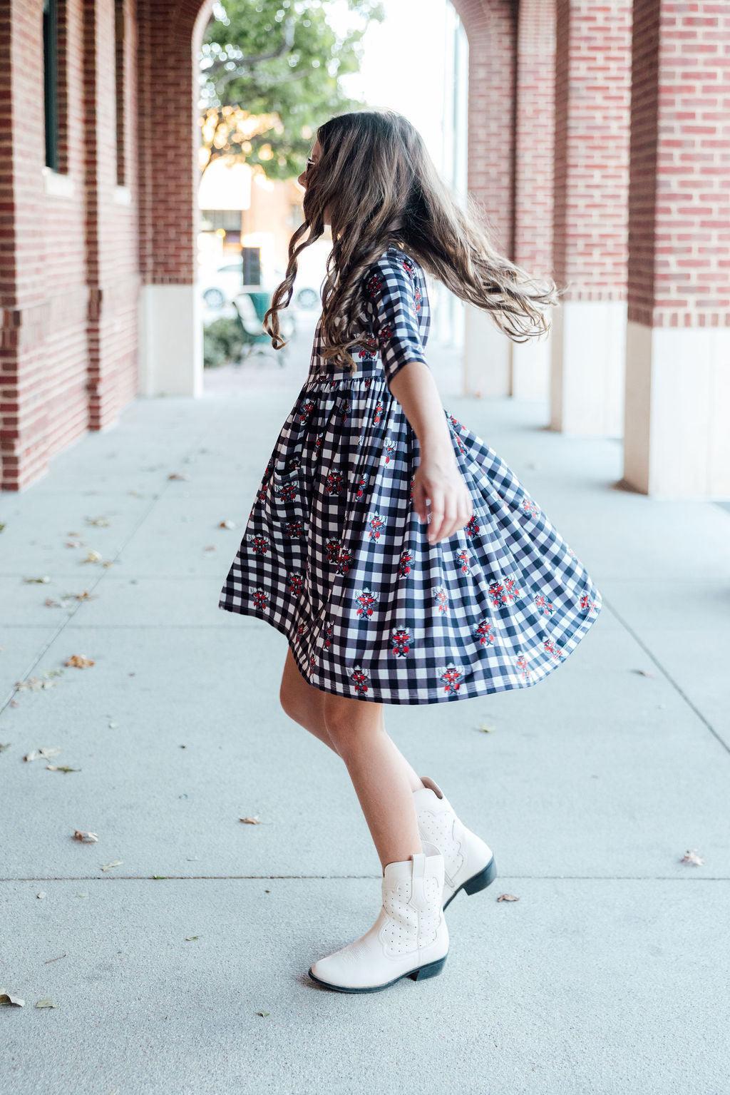 Mila & Rose ® Texas Tech Plaid Raider Red 3/4 Sleeve Pocket Twirl Dress — alternative angle