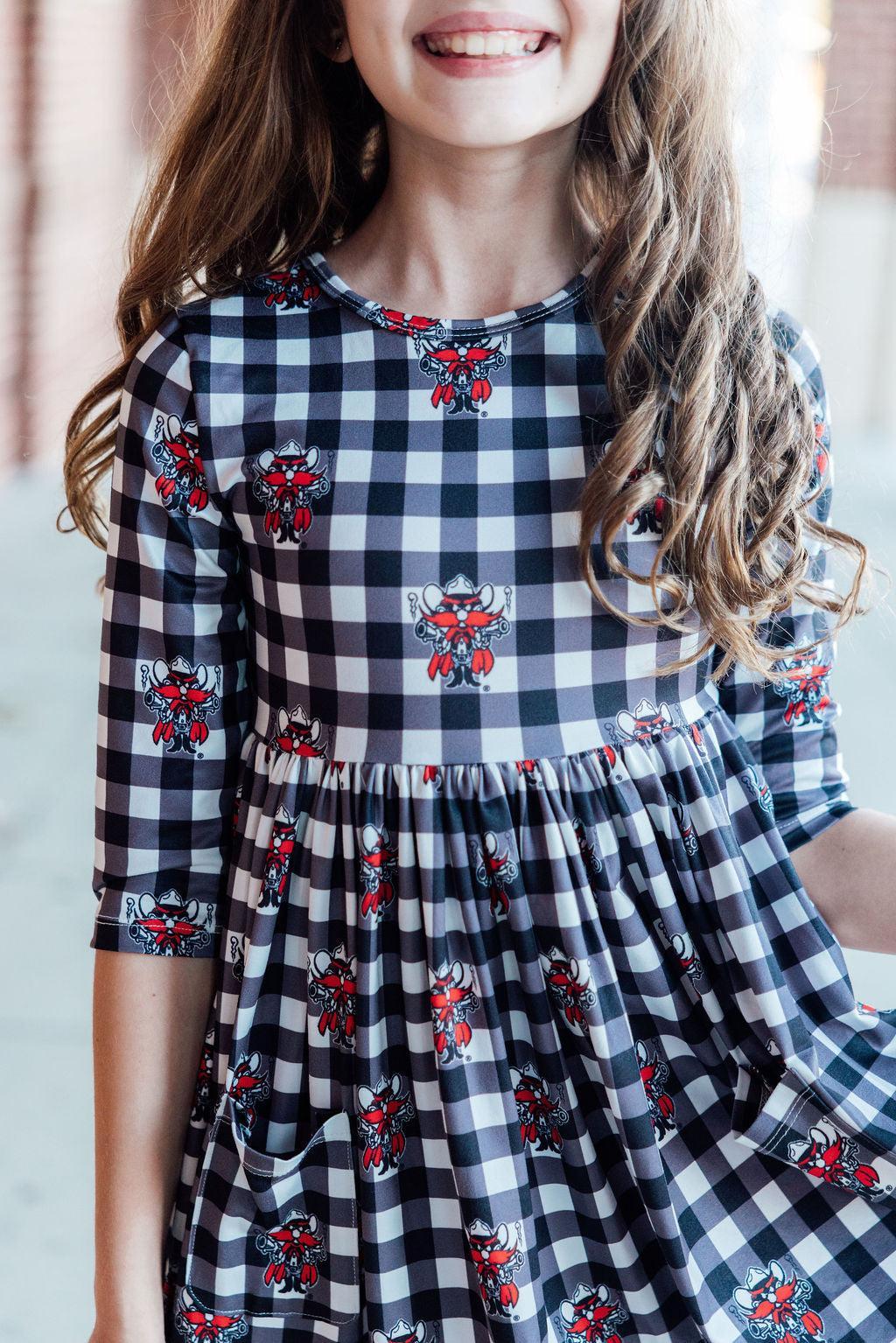 Mila & Rose ® Texas Tech Plaid Raider Red 3/4 Sleeve Pocket Twirl Dress — main product shot