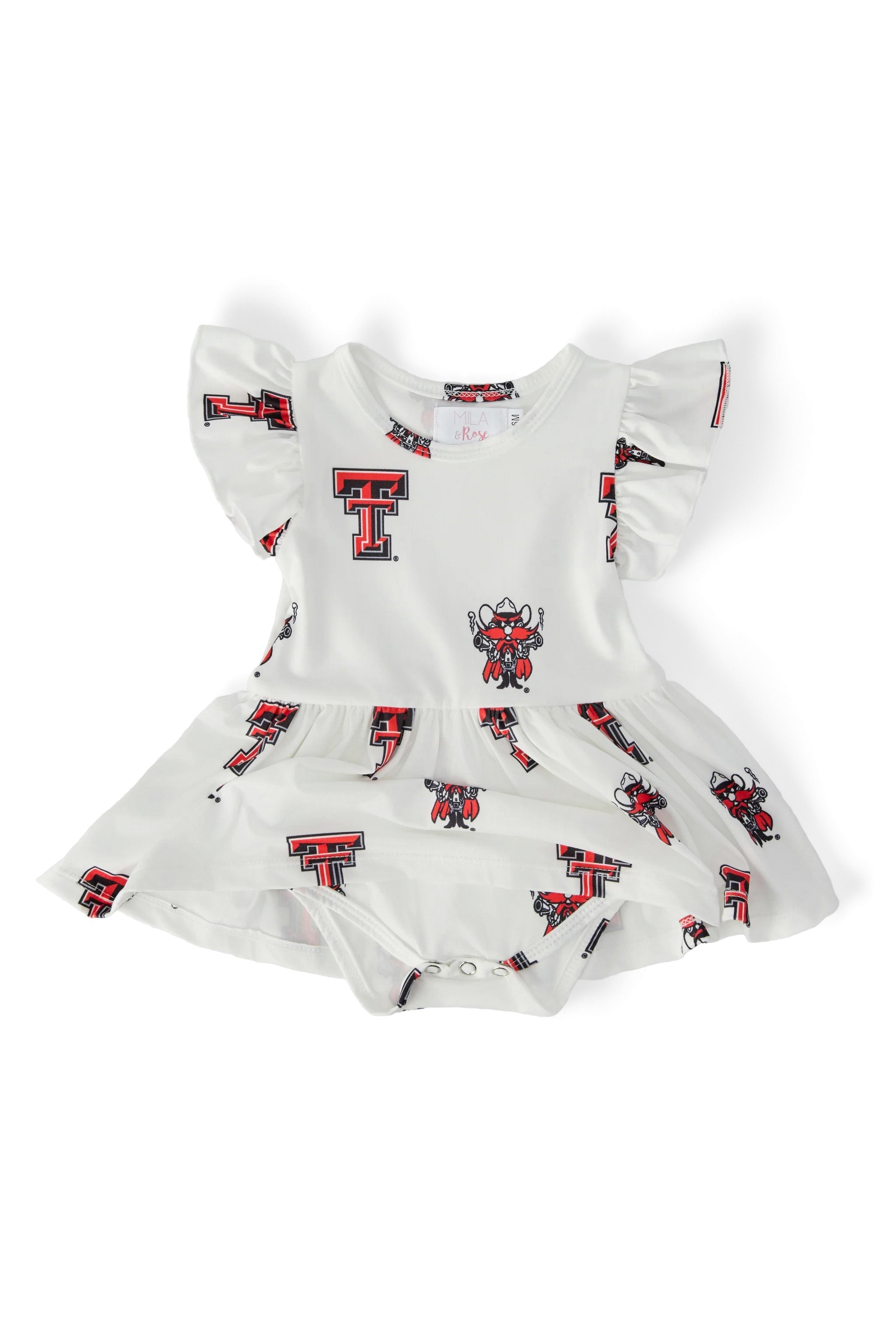 Mila & Rose ® Texas Tech White Raider Red Flutter Twirl Bodysuit — detail close-up