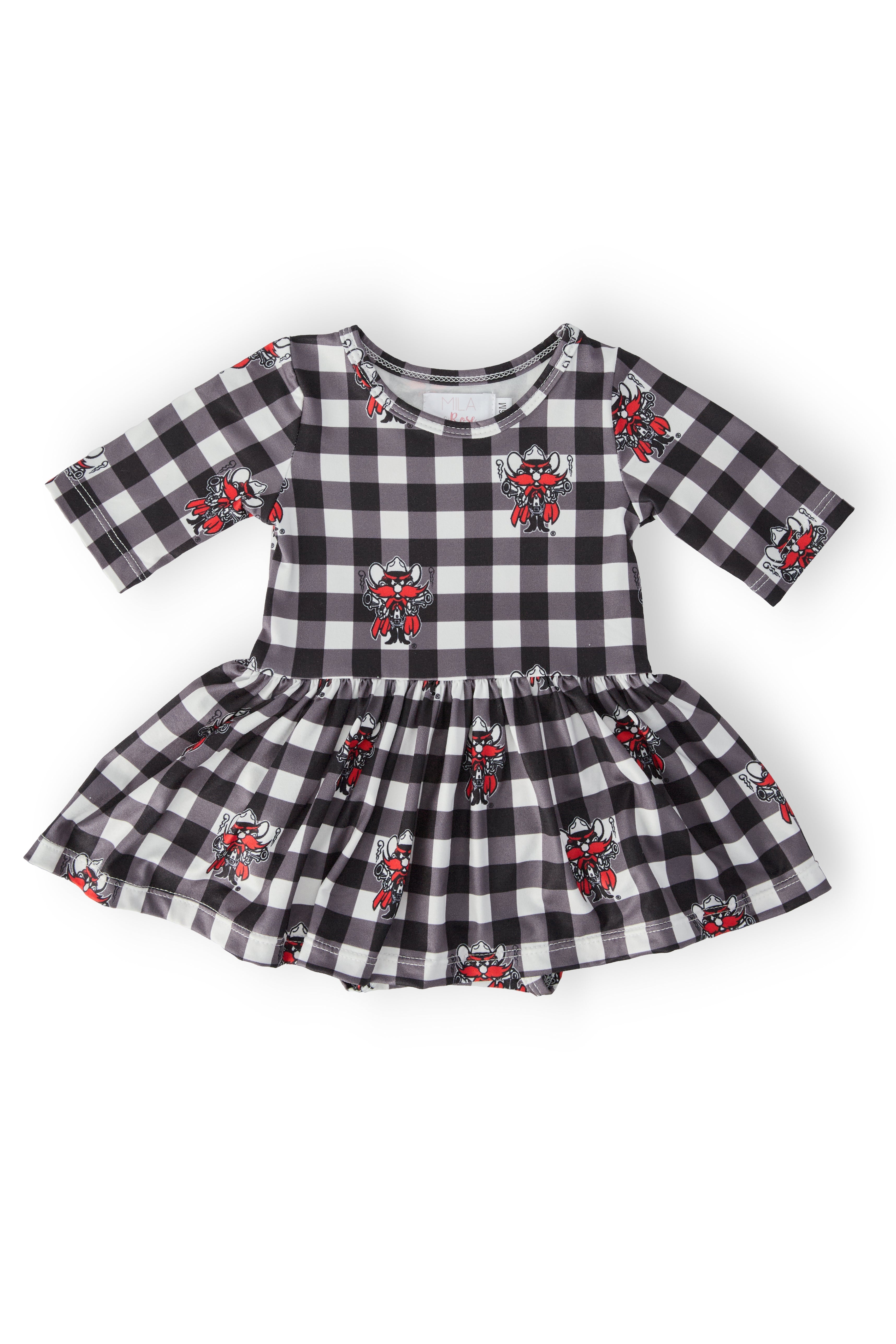 Mila & Rose ® Texas Tech Plaid Raider Red 3/4 Sleeve Twirl Bodysuit — main product shot