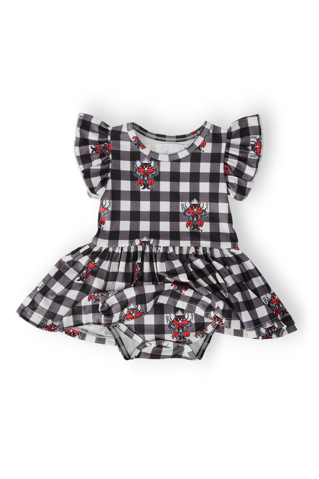 Mila & Rose ® Texas Tech Plaid Raider Red Flutter Twirl Bodysuit — detail close-up