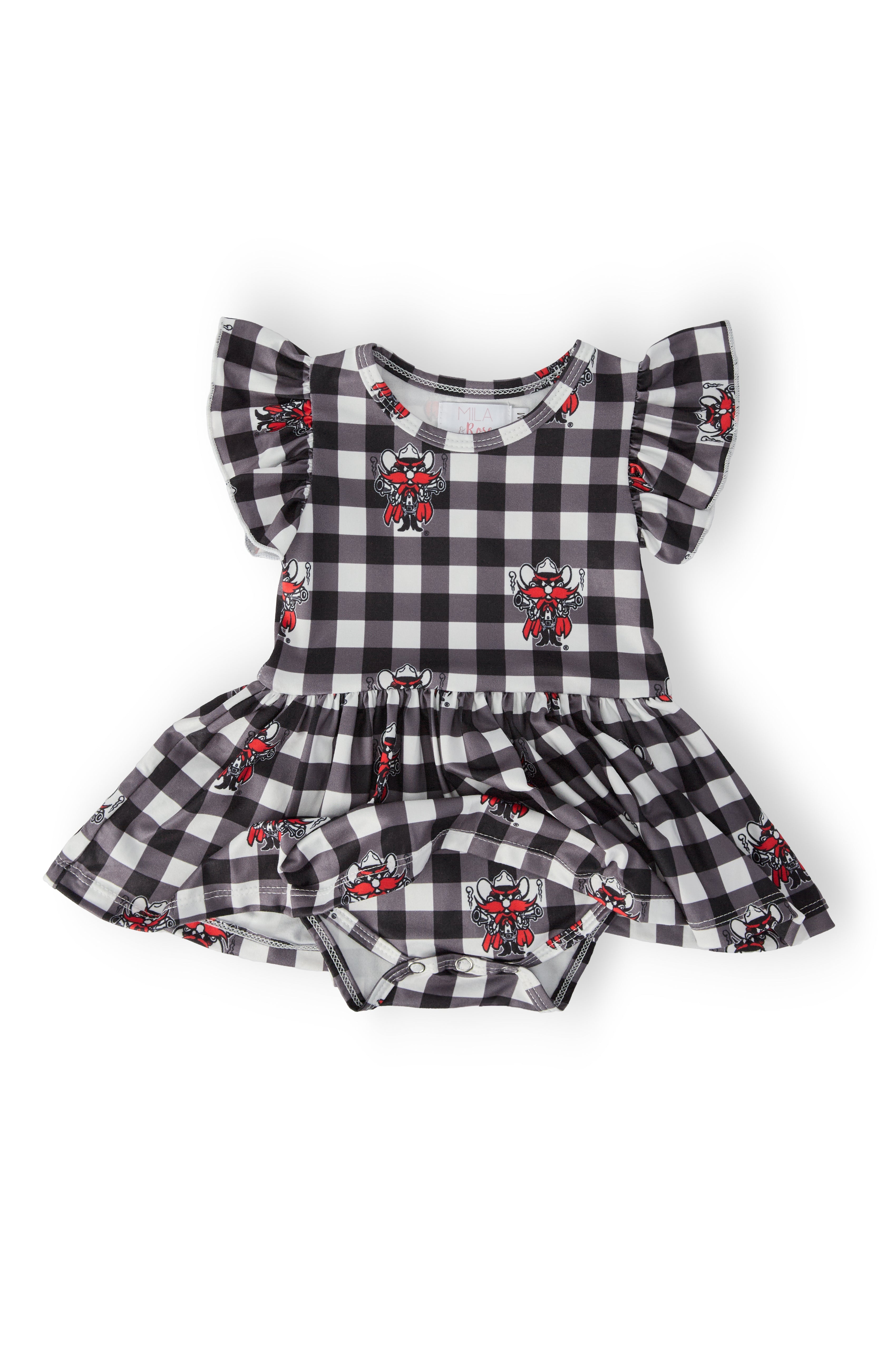 Mila & Rose ® Texas Tech Plaid Raider Red Flutter Twirl Bodysuit — detail close-up