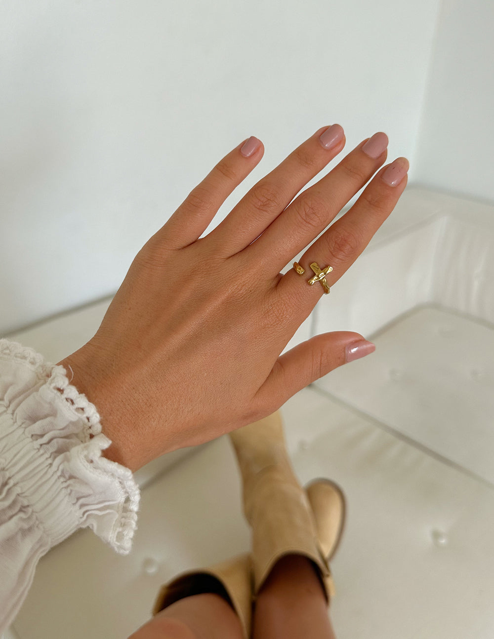 Elevated Faith Textured Wrapped Cross Ring — Elevated Faith branding close-up