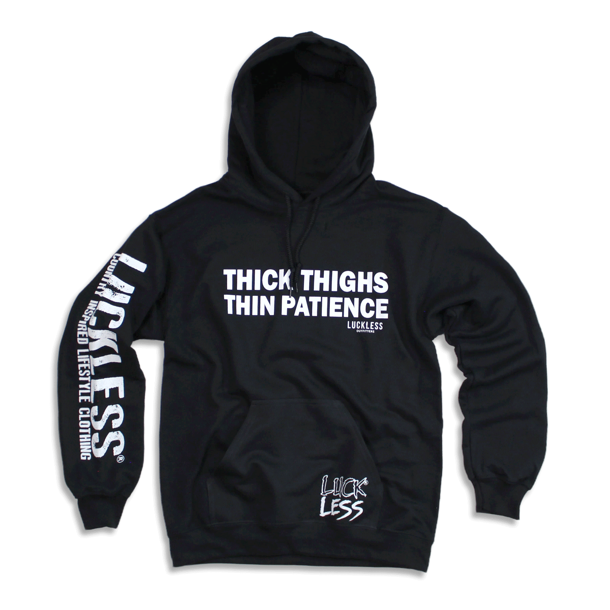 Luckless Outfitters Thick Thighs Thin Patience Hoodie — main product shot