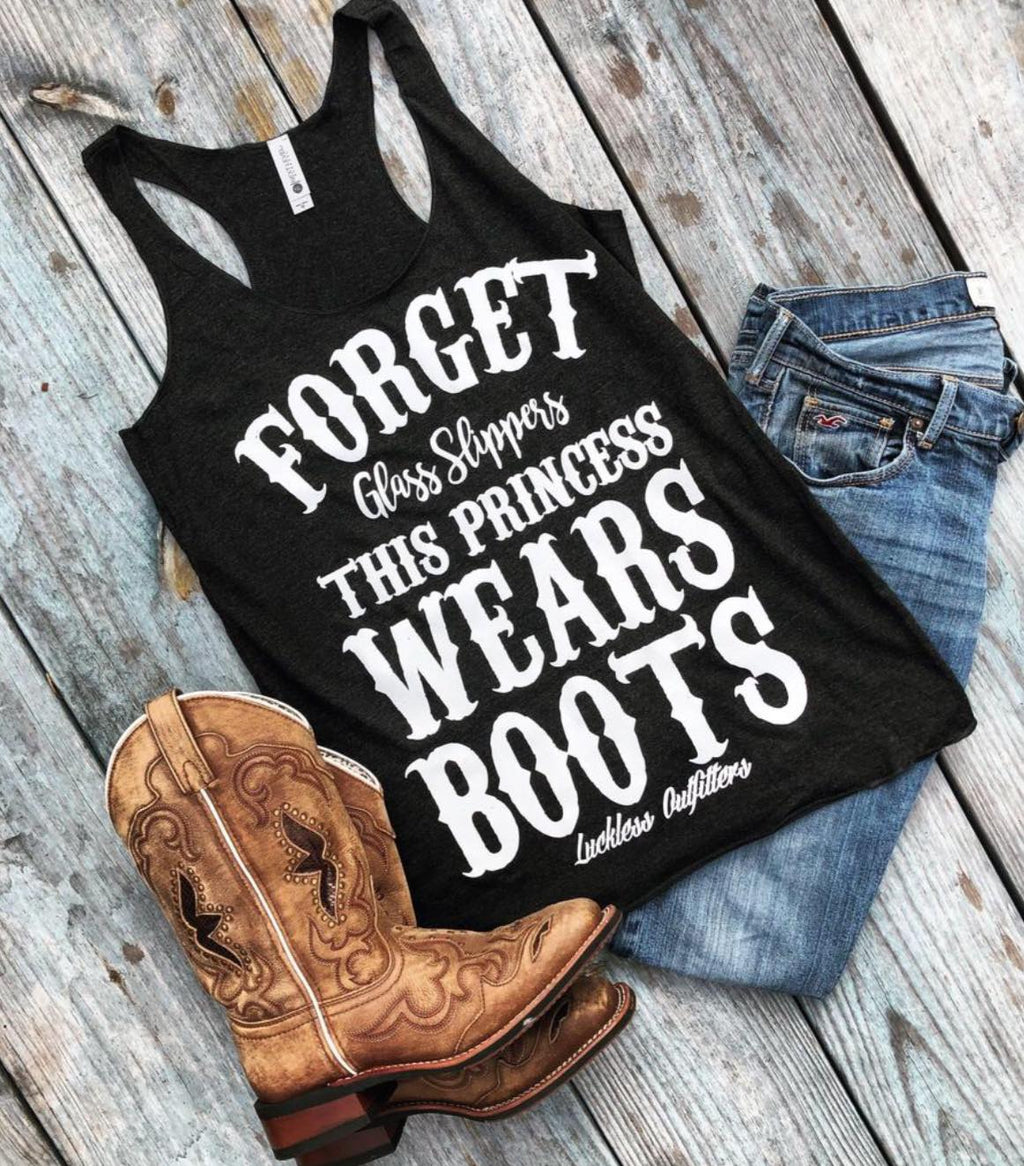 Luckless Outfitters This Princess Wears Boots Tank Top — detail close-up