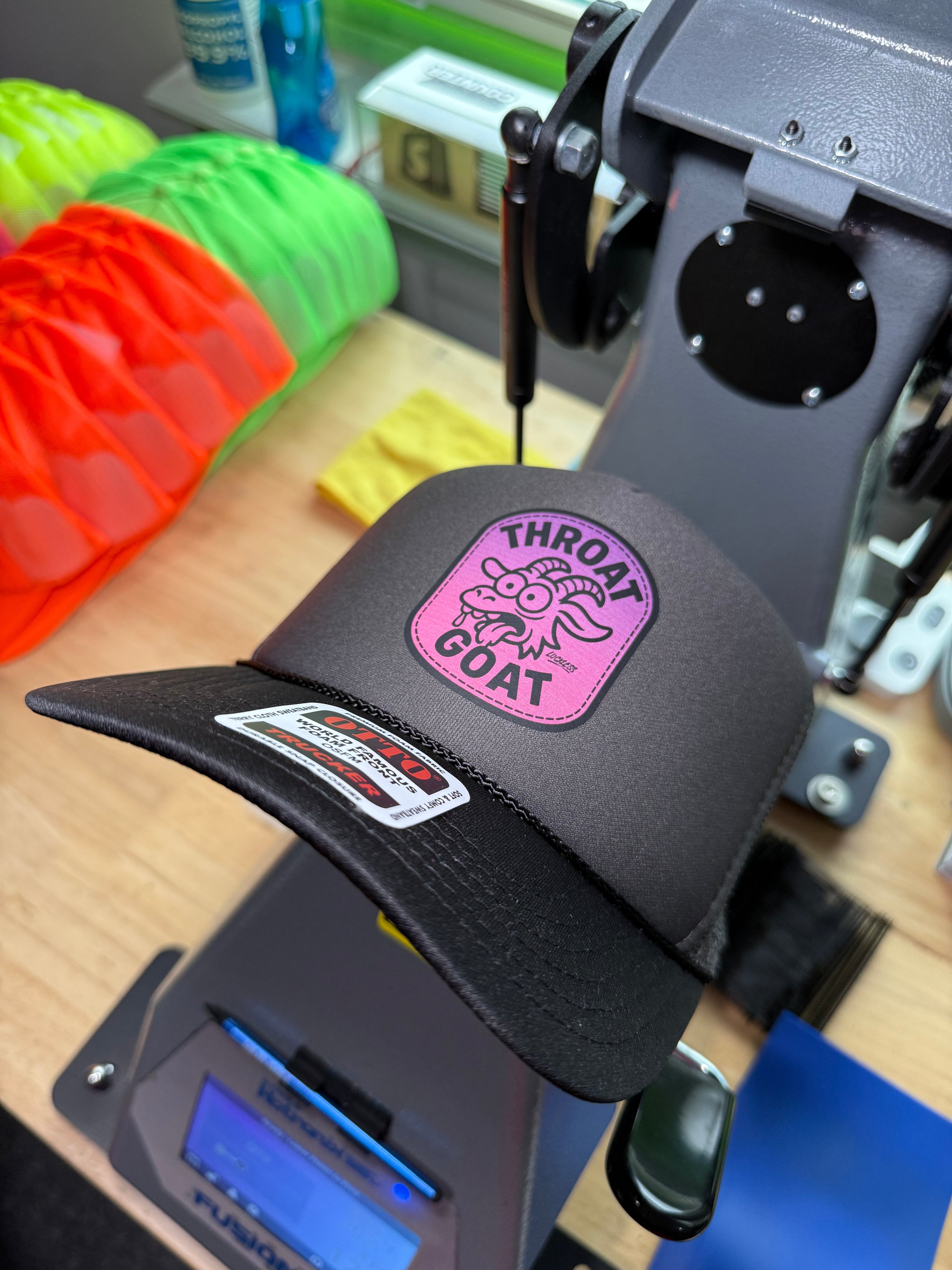 Luckless Outfitters Throat Goat Trucker Hat — detail close-up