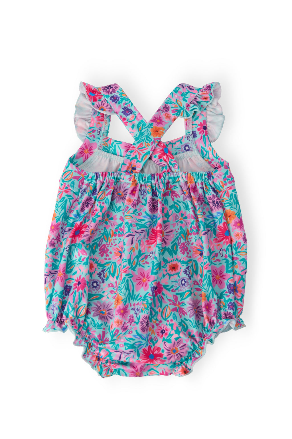 Mila & Rose ® Tropical Garden Ruffle Cross Back Romper — detail close-up