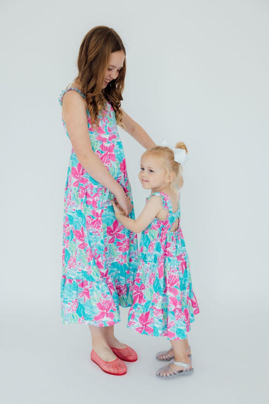 Mila & Rose ® Tropical Punch Ruffle Maxi Dress — back view
