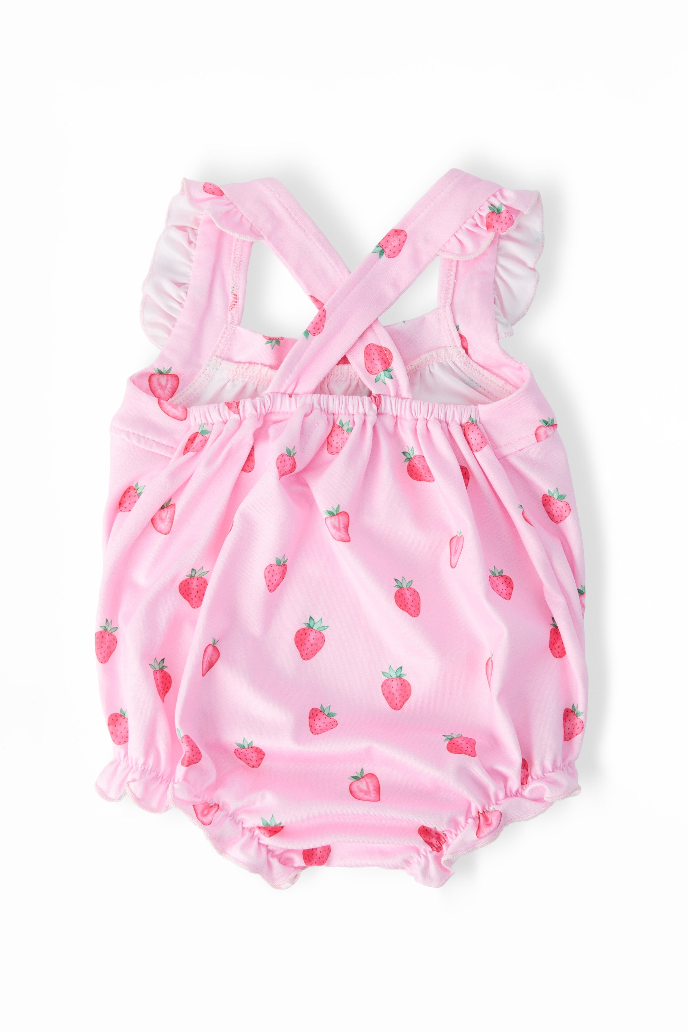 Mila & Rose ® Sweet Strawberries Ruffle Cross Back Romper — detail close-up