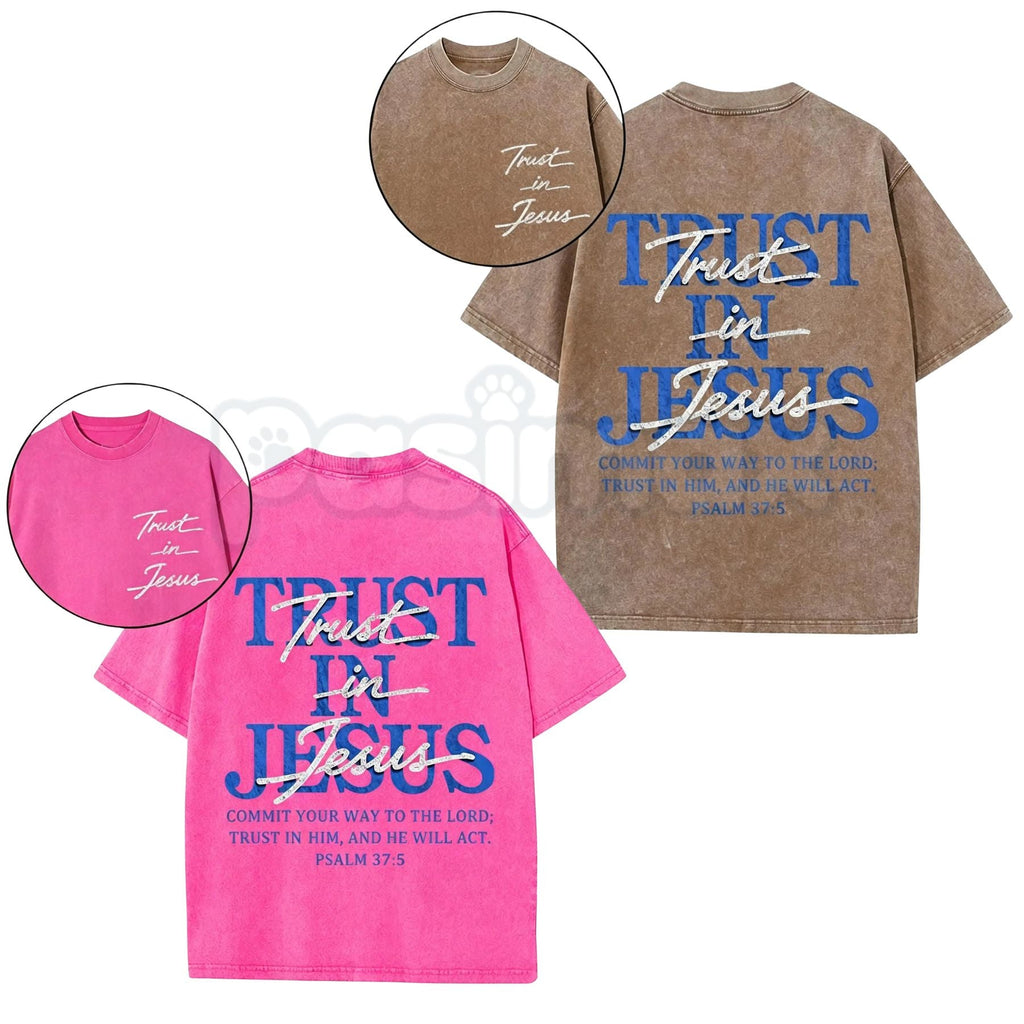 Trust in Jesus T-Shirt – Psalm 37:5 Bible Verse Christian Graphic Tee, Oversized Vintage Washed Lightweight Cotton Faith Shirt