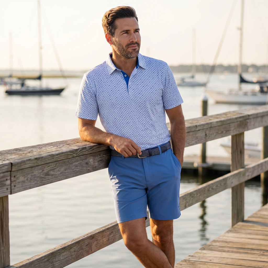 White Water Life Tuna Performance Polo Light Blue Navy — lifestyle context