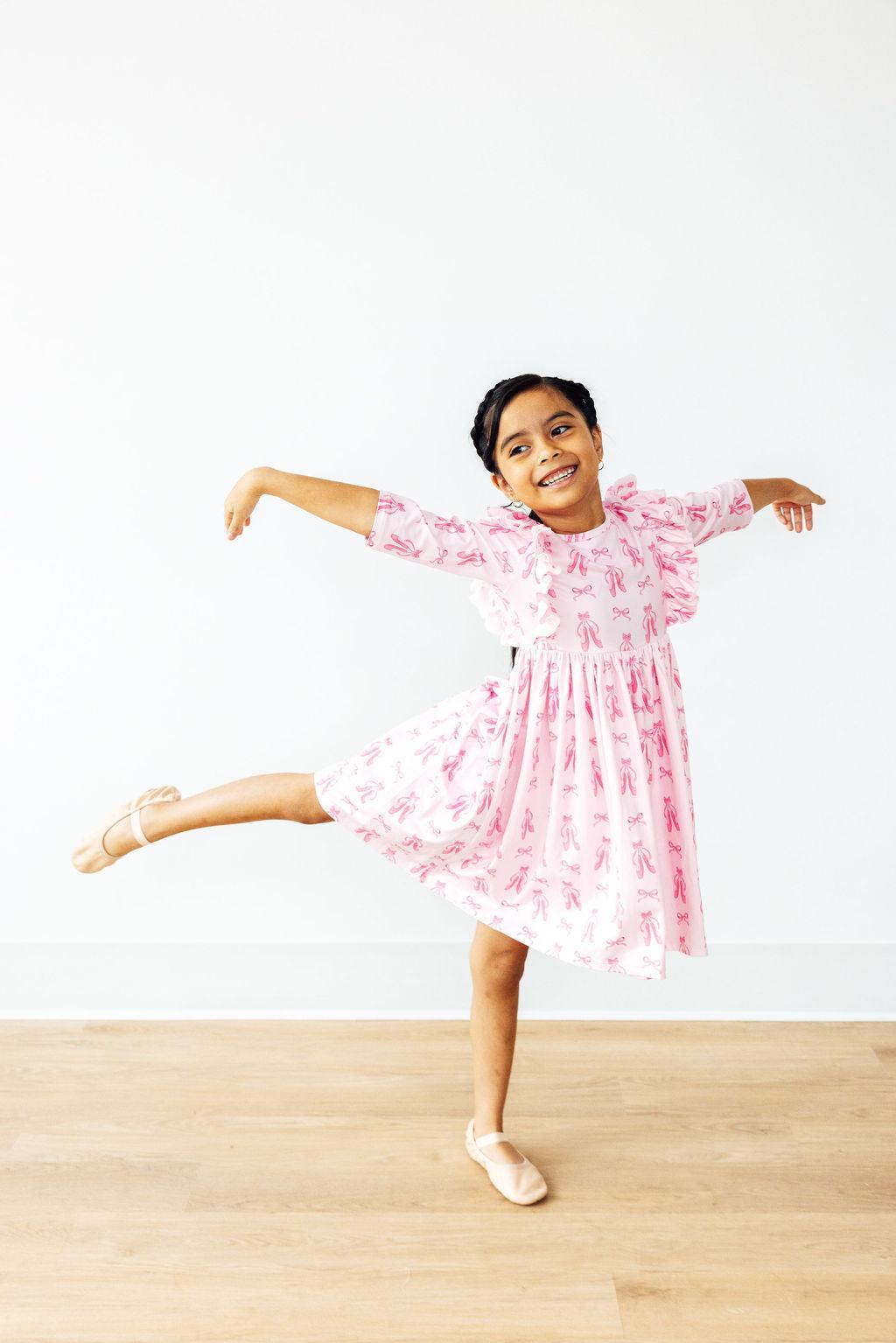 Mila & Rose ® Twirling en Pointe 3/4 Sleeve Ruffle Twirl Dress — lifestyle context