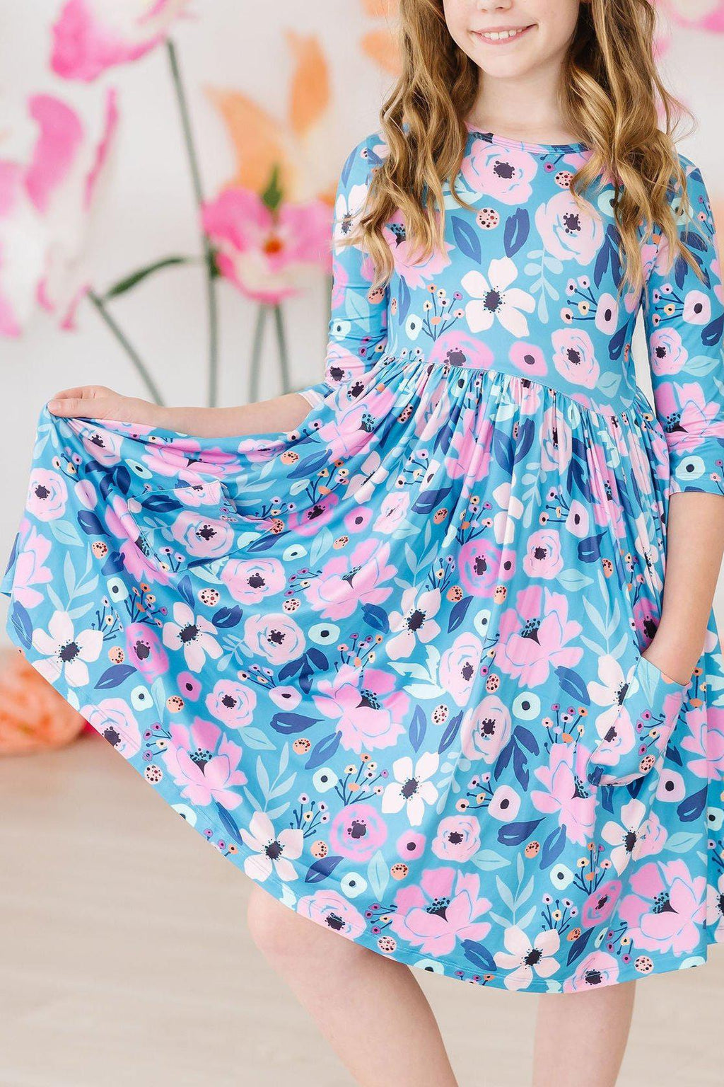Mila & Rose ® Twirling in Teal 3/4 Sleeve Pocket Twirl Dress — main product shot