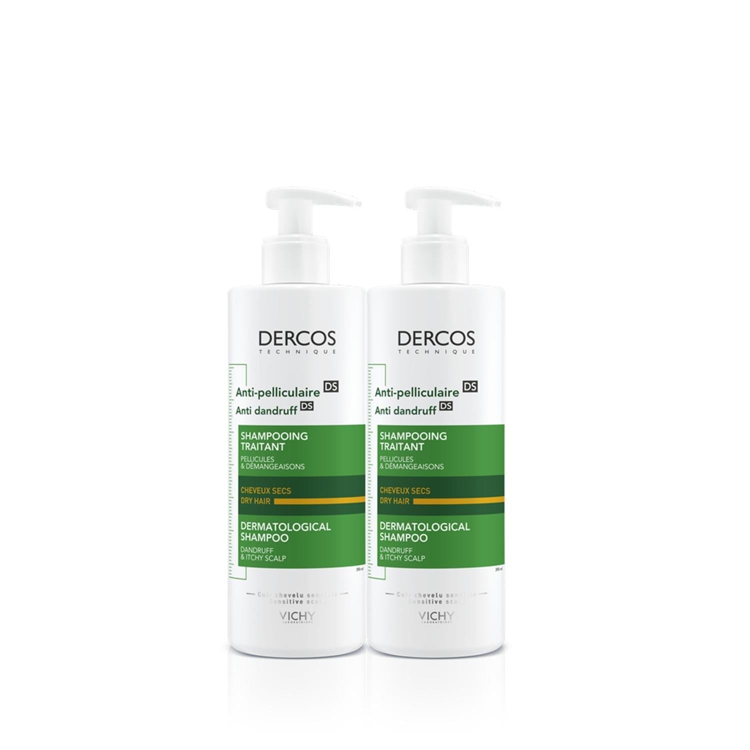 Vichy Dercos Anti-Dandruff Shampoo for Dry Hair - 2 x 390ml - Gentle Care & Effective Dandruff Treatment