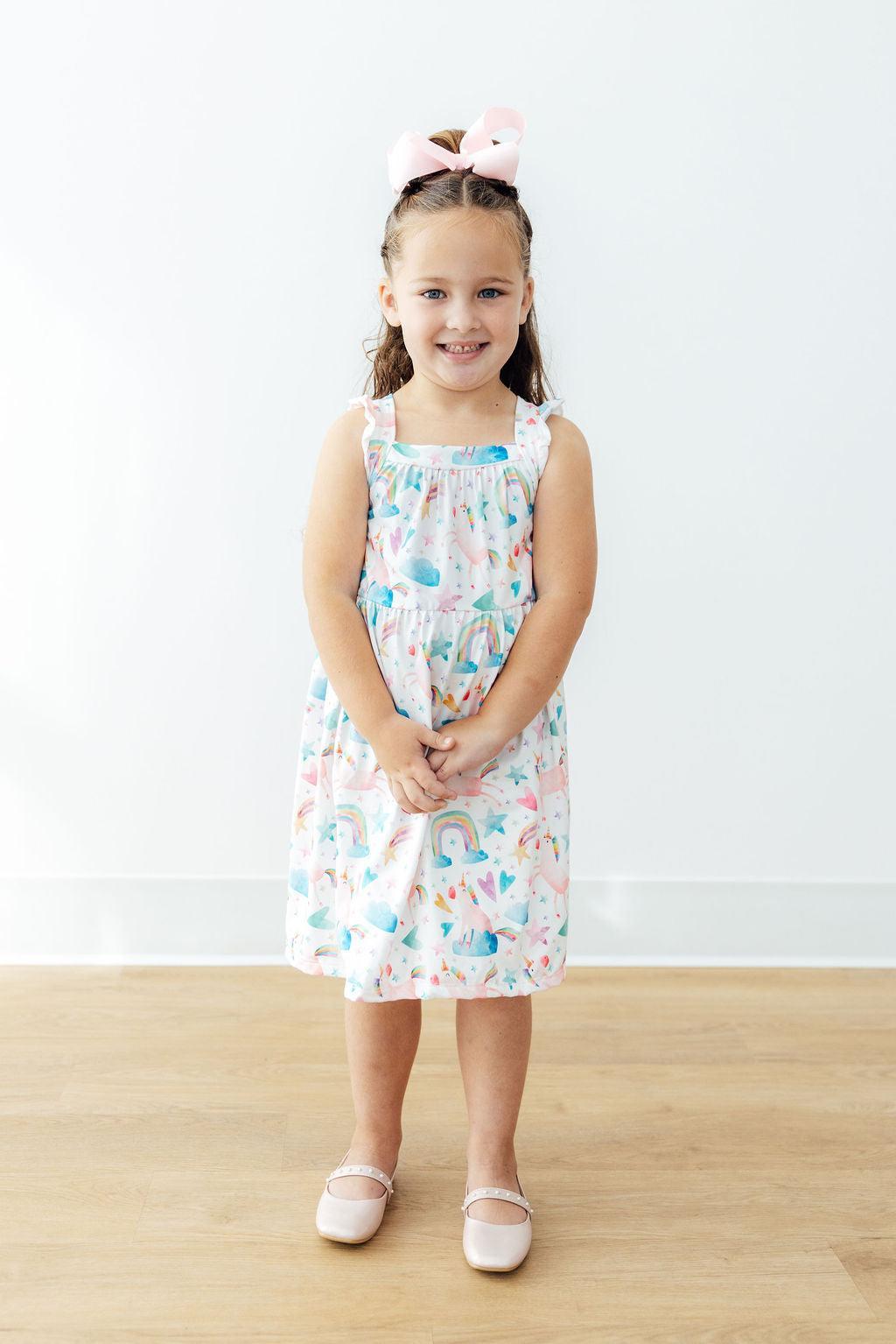 Mila & Rose ® Unicorn Kisses Ruffle Cross Back Dress — detail close-up