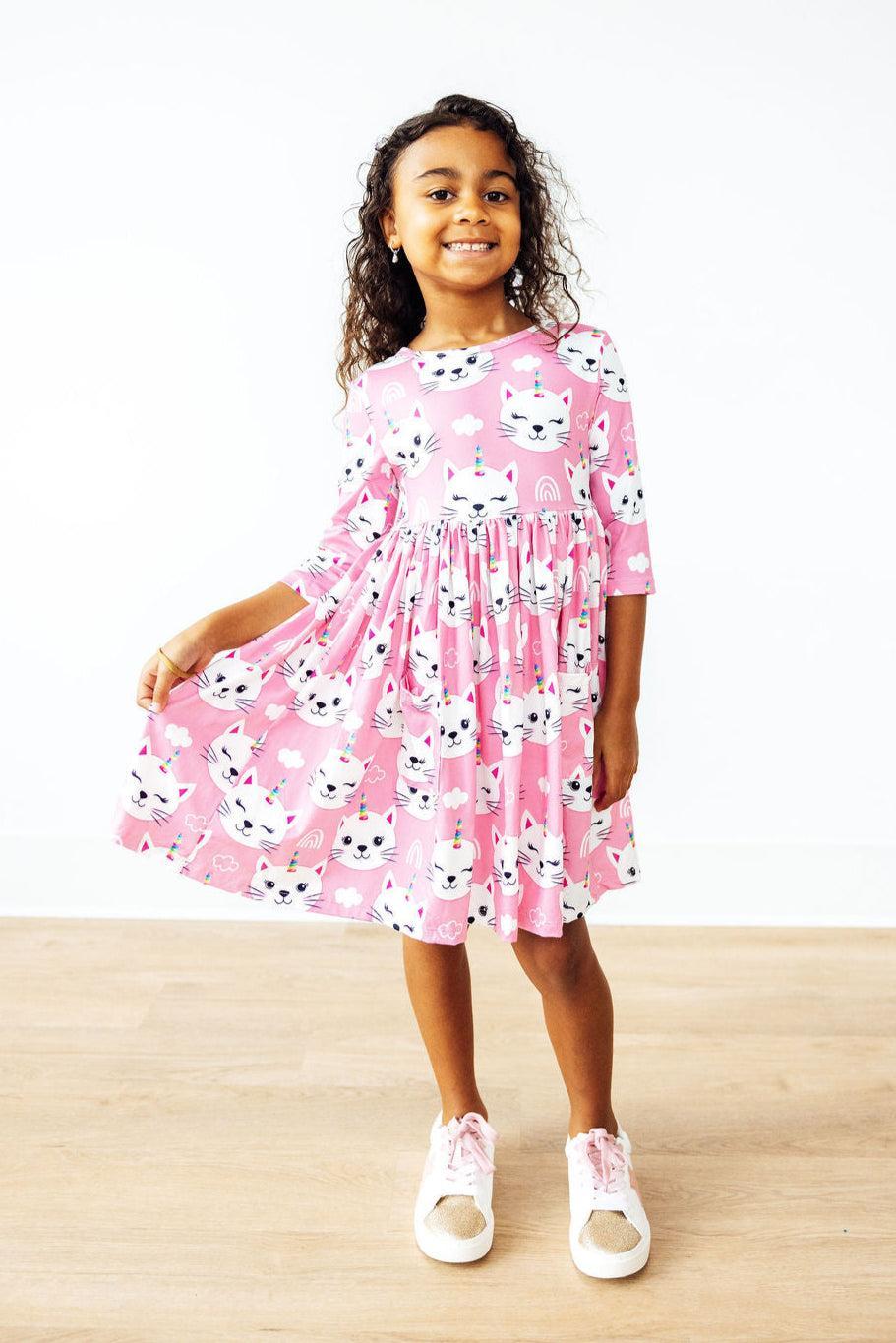 Mila & Rose ® Unicorn Kitties 3/4 Sleeve Pocket Twirl Dress — lifestyle context