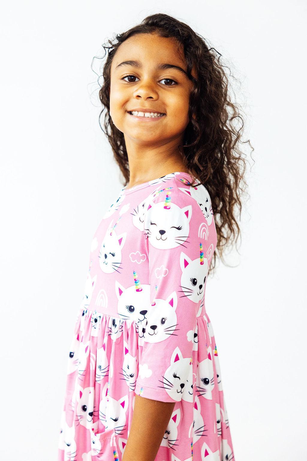 Mila & Rose ® Unicorn Kitties 3/4 Sleeve Pocket Twirl Dress — side view