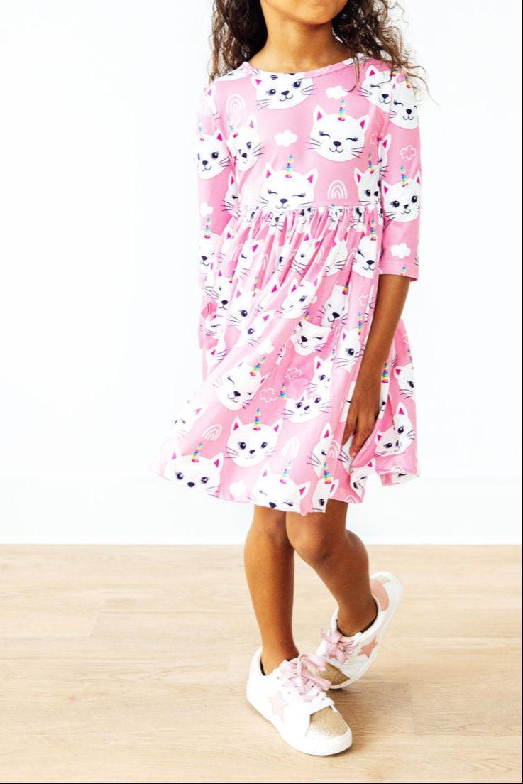 Mila & Rose ® Unicorn Kitties 3/4 Sleeve Pocket Twirl Dress — back view
