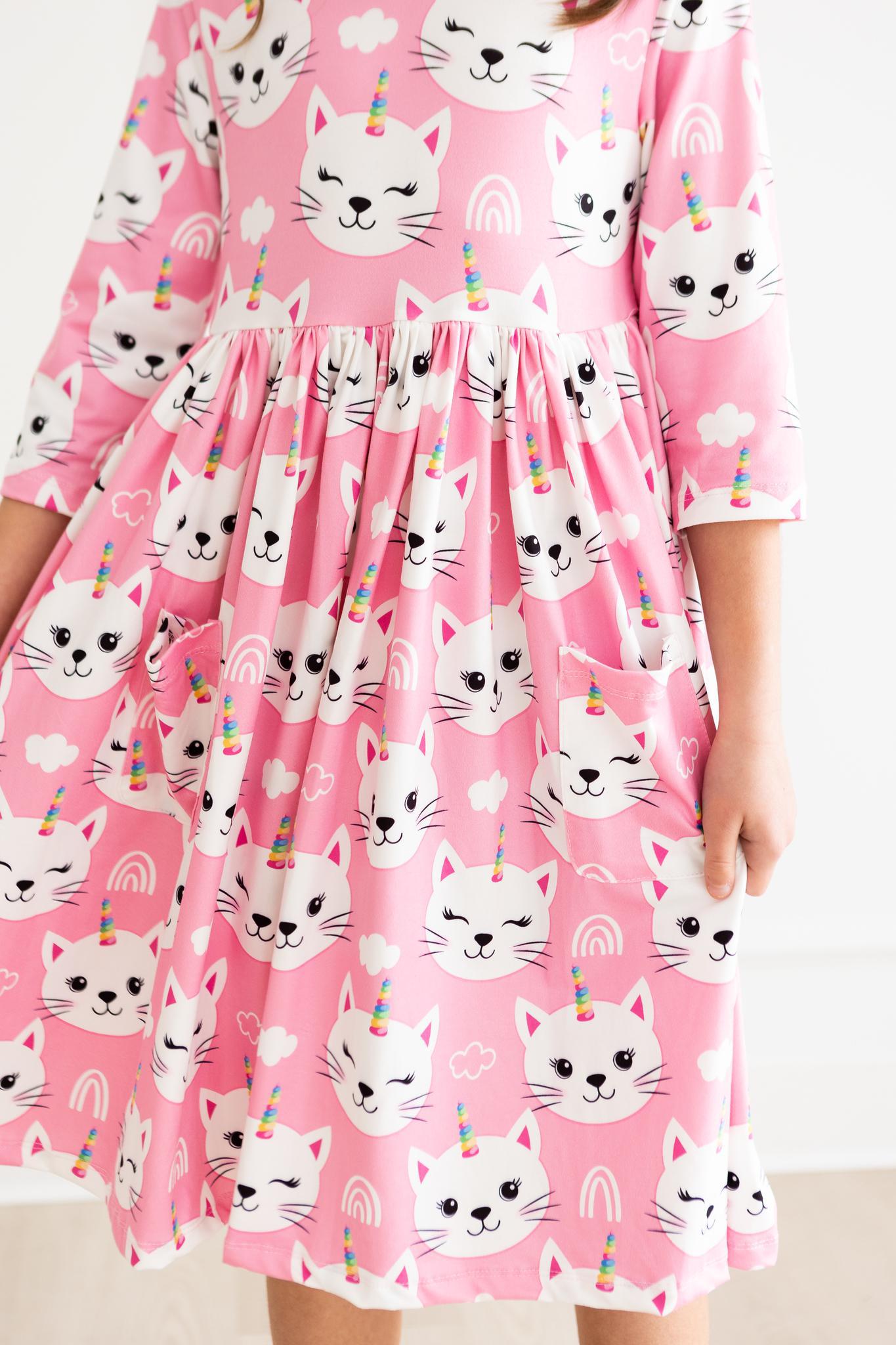 Mila & Rose ® Unicorn Kitties 3/4 Sleeve Pocket Twirl Dress — alternative angle