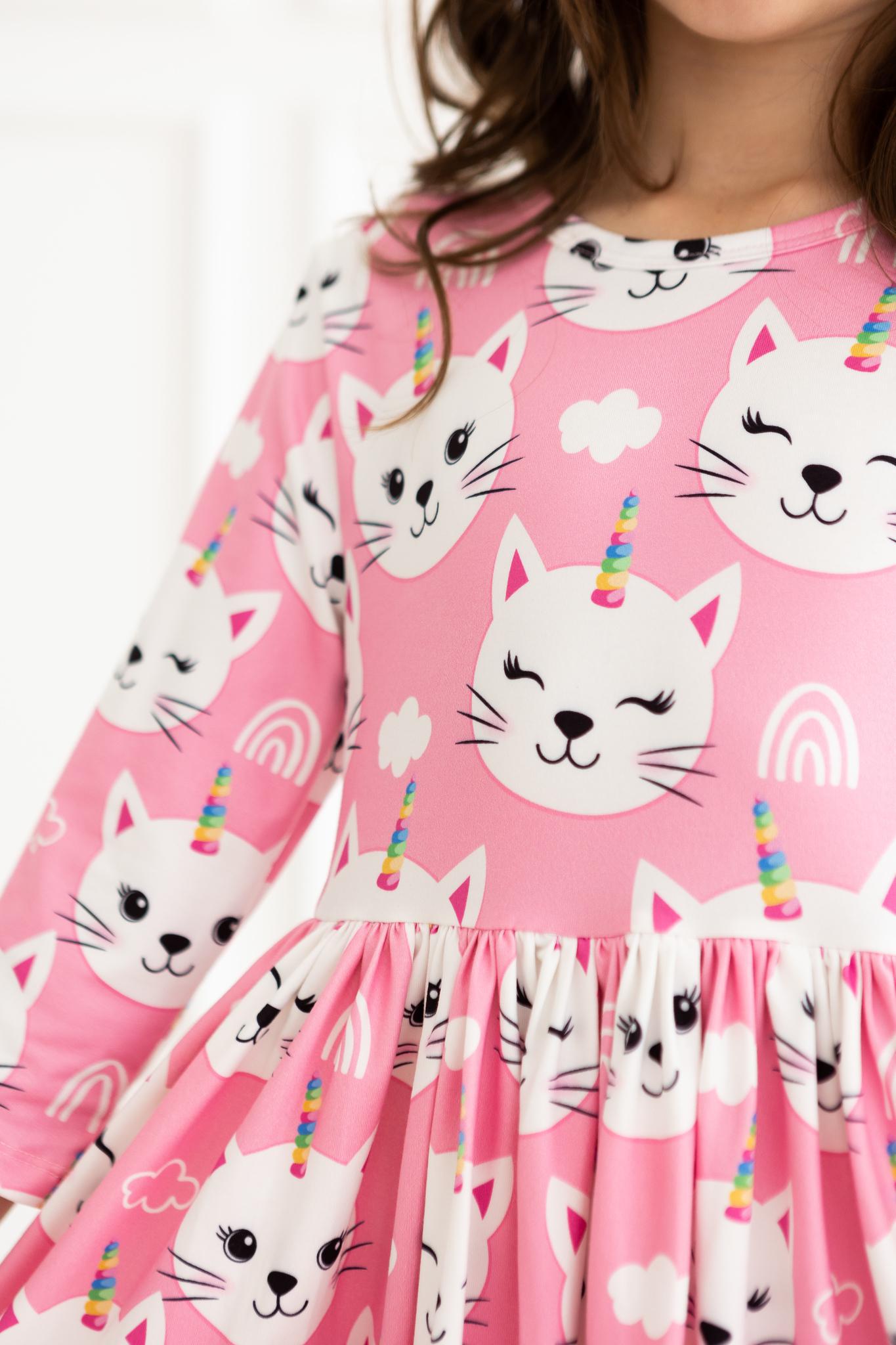 Mila & Rose ® Unicorn Kitties 3/4 Sleeve Pocket Twirl Dress — in-use photo