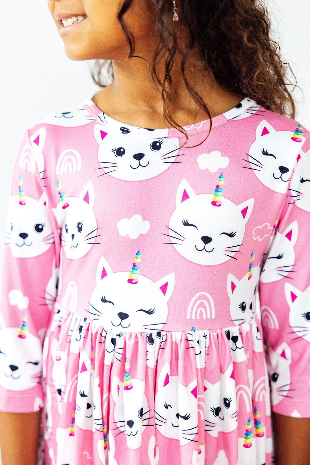 Mila & Rose ® Unicorn Kitties 3/4 Sleeve Pocket Twirl Dress — main product shot