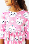 Mila & Rose ® Unicorn Kitties 3/4 Sleeve Pocket Twirl Dress — main product shot